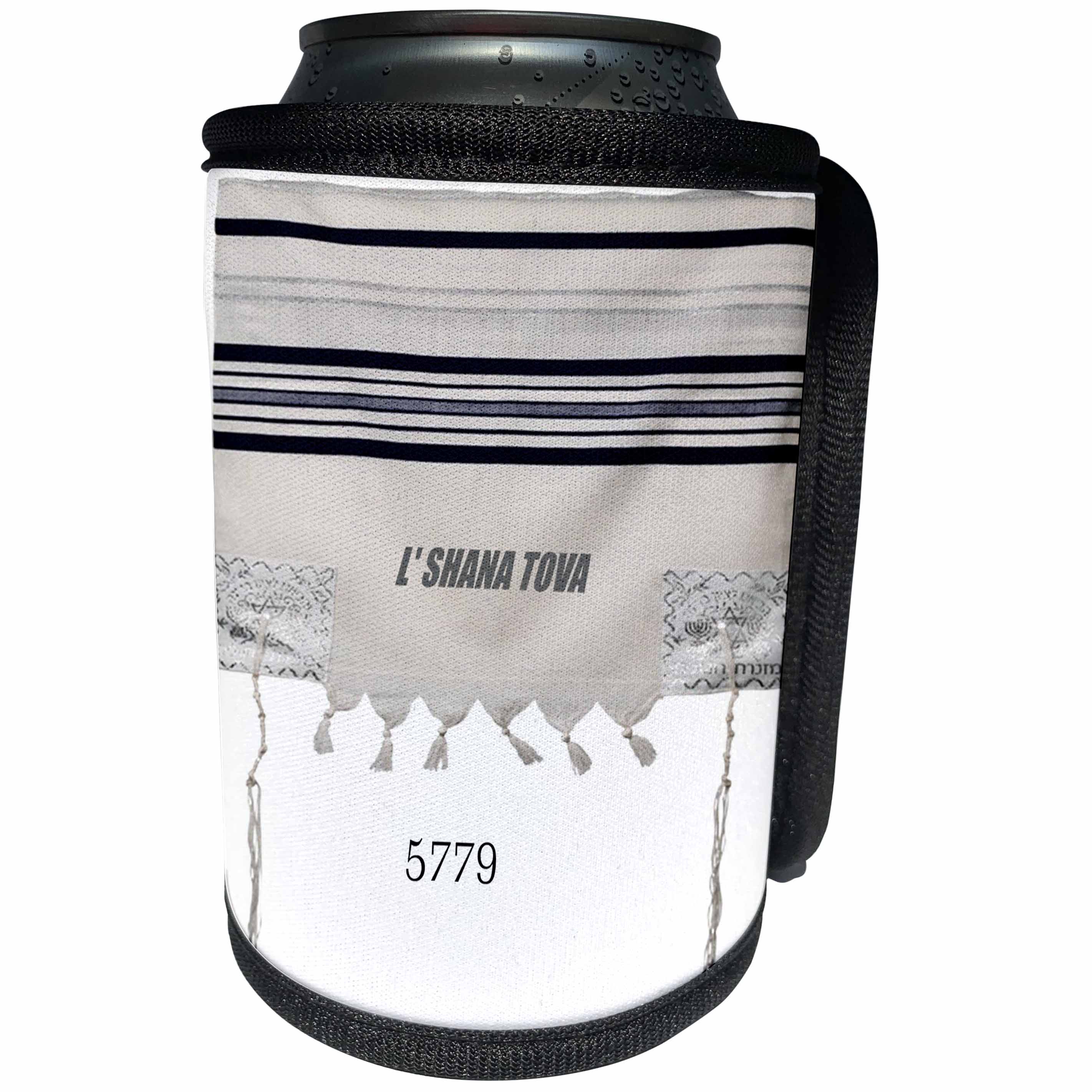 3dRose Jewish Themes - Image of Prayer Shawl Says l Shana Tova 5779 - Can Cooler Bottle Wrap (cc_281561)