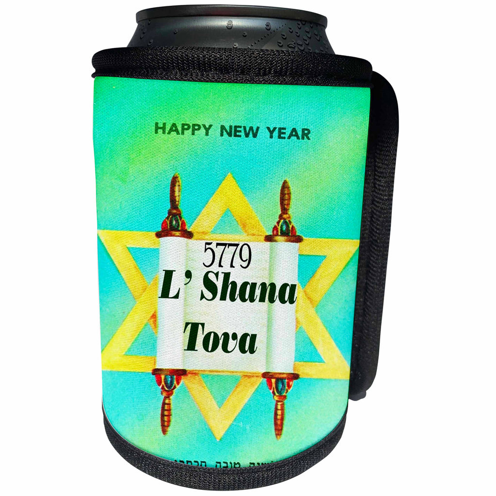 3dRose Jewish Themes - Image of L Shana tova 5779 On Torah and Mogen David - Can Cooler Bottle Wrap (cc_281564)