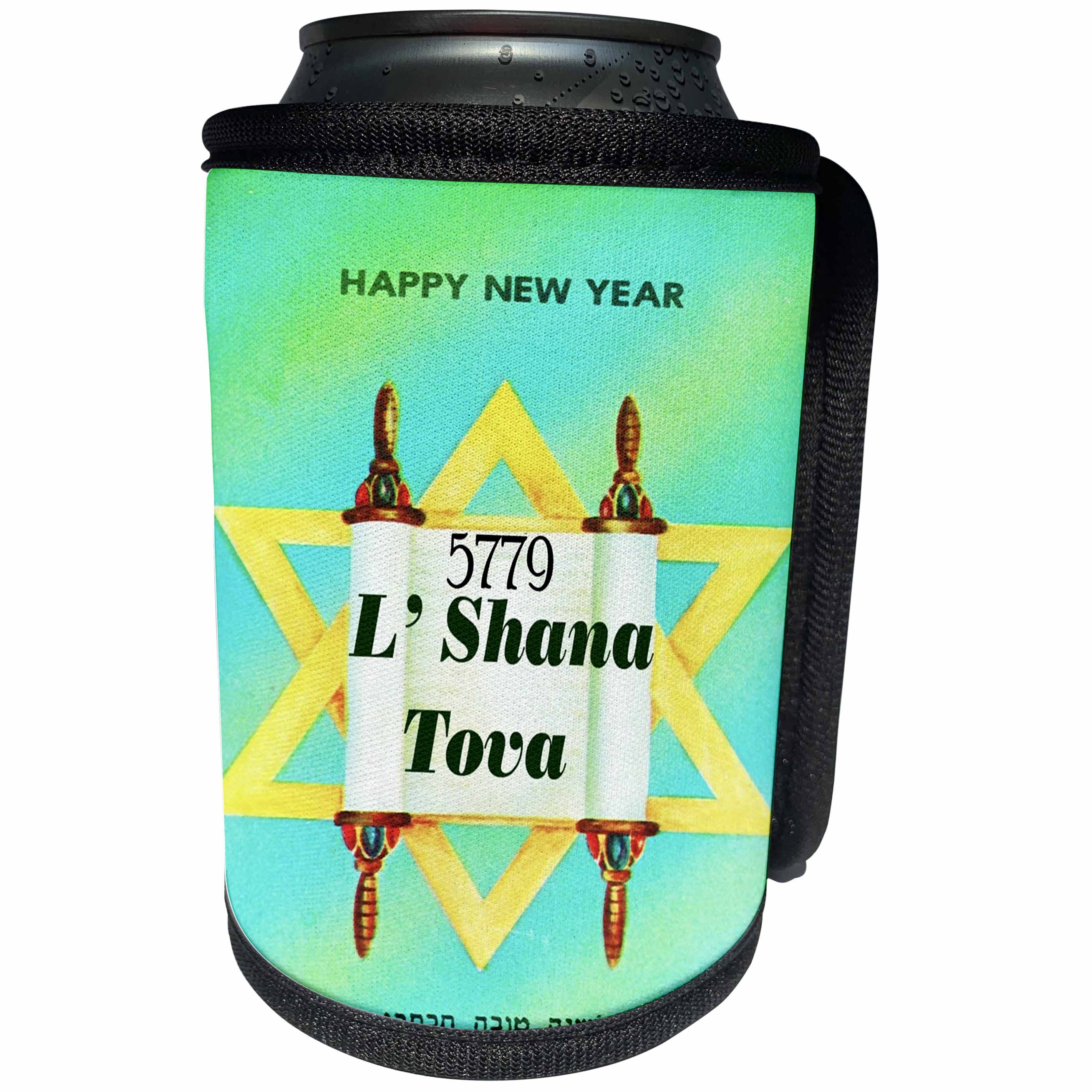 3dRose Jewish Themes - Image of L Shana tova 5779 On Torah and Mogen David - Can Cooler Bottle Wrap (cc_281564)