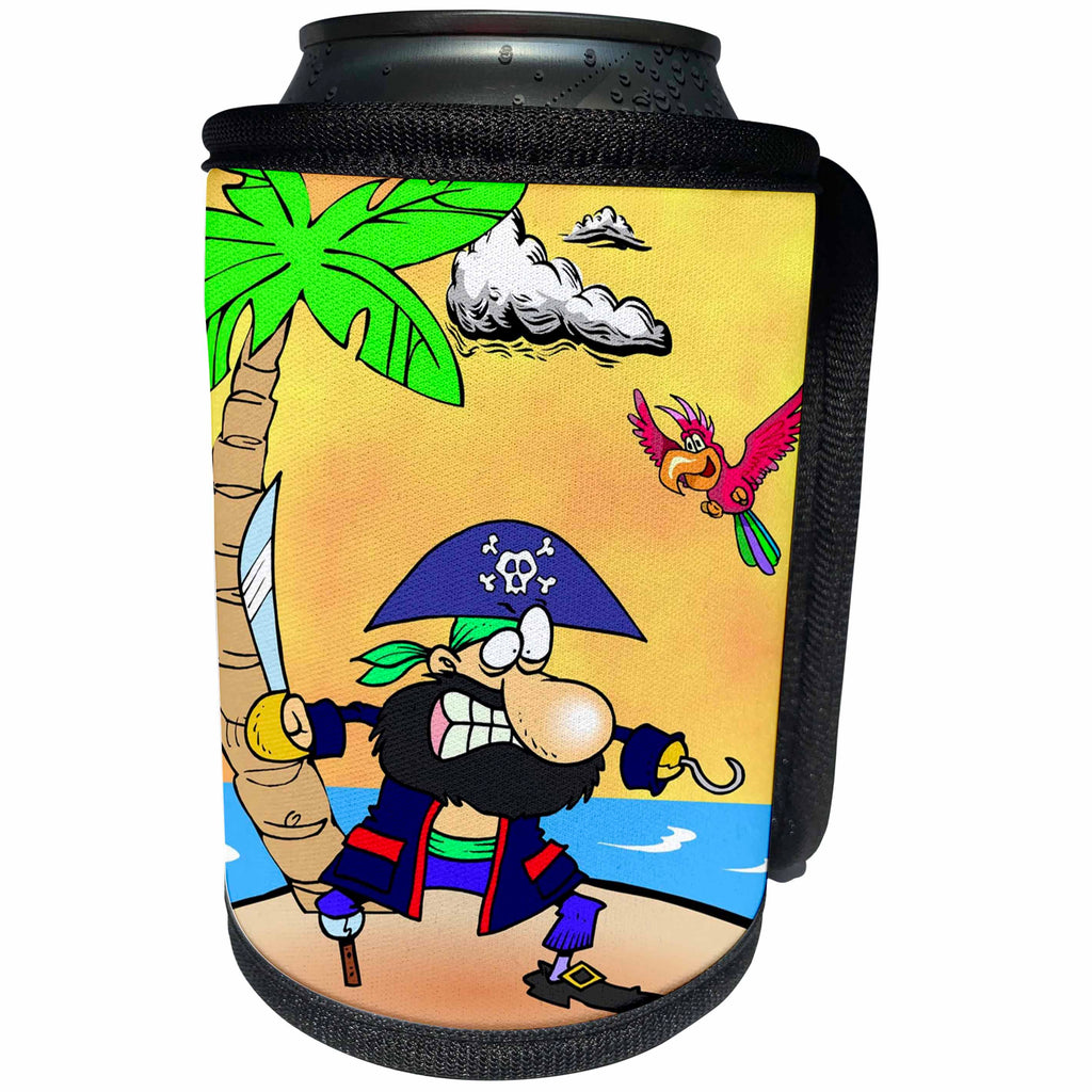 3dRose Childrens Art - Image of Cartoon Captain Hook and Parrot With Palm - Can Cooler Bottle Wrap (cc_281567)