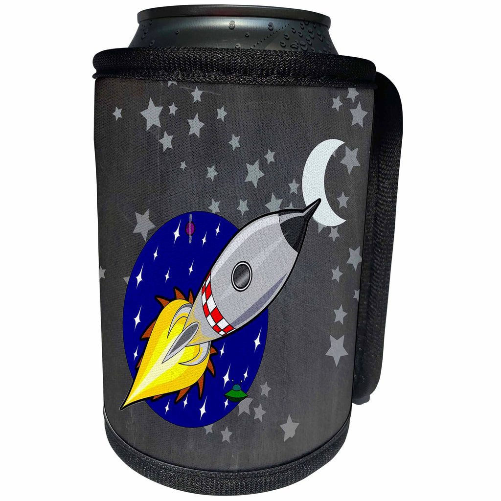 3dRose Childrens Art - Image of Spaceship With Moon and Stars - Can Cooler Bottle Wrap (cc_281570)
