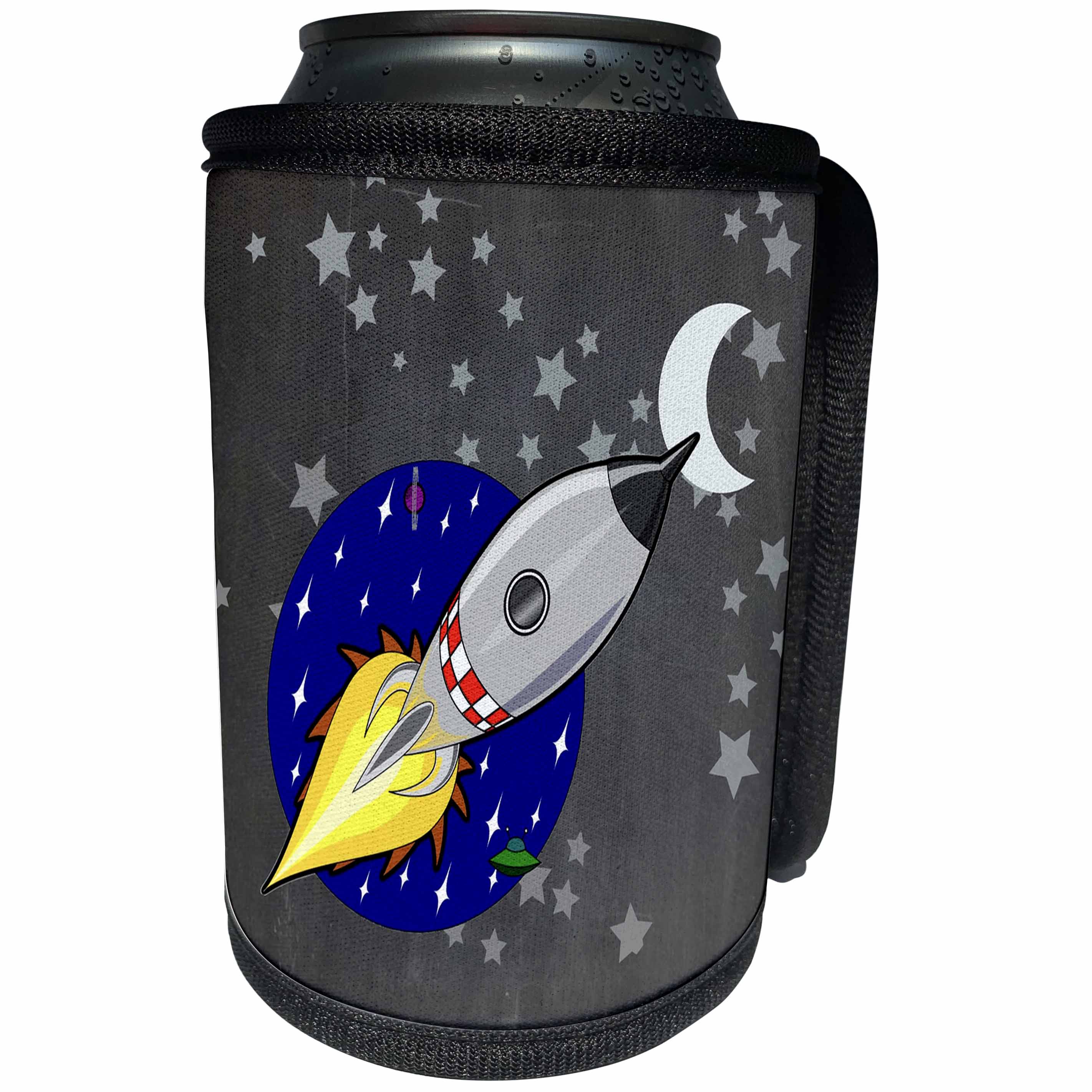 3dRose Childrens Art - Image of Spaceship With Moon and Stars - Can Cooler Bottle Wrap (cc_281570)