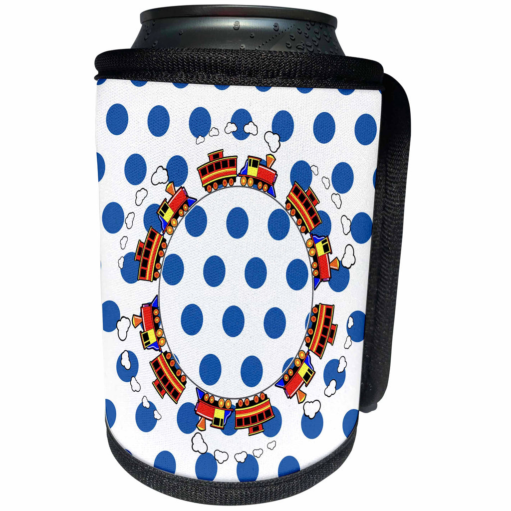 3dRose Childrens Art - Image of Choo Choo Goes Round and Round On Blue Dots - Can Cooler Bottle Wrap (cc_281575)