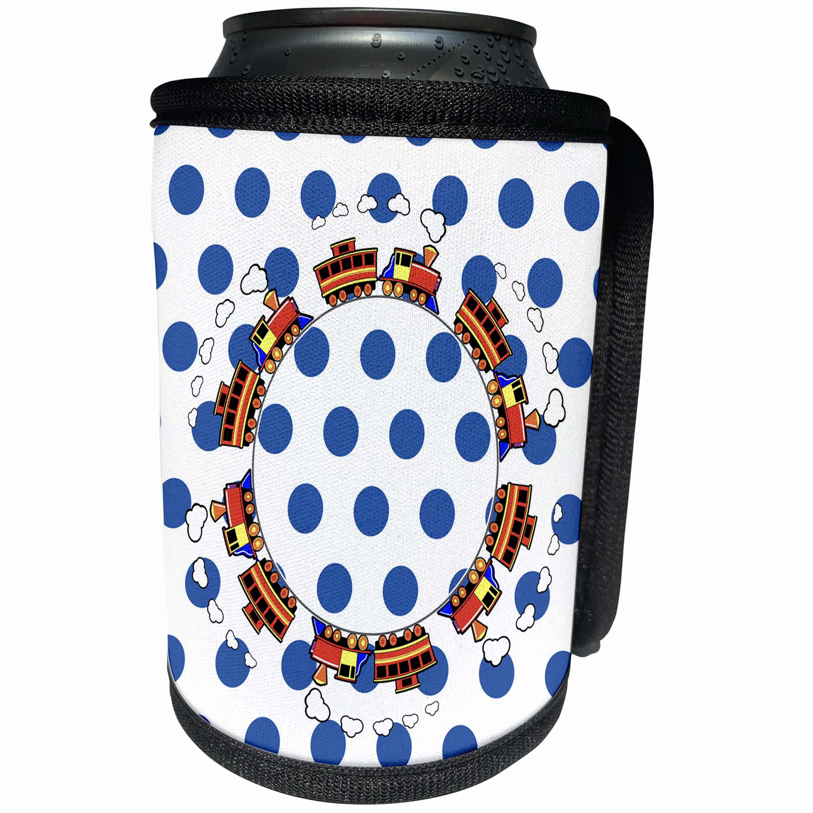 3dRose Childrens Art - Image of Choo Choo Goes Round and Round On Blue Dots - Can Cooler Bottle Wrap (cc_281575)