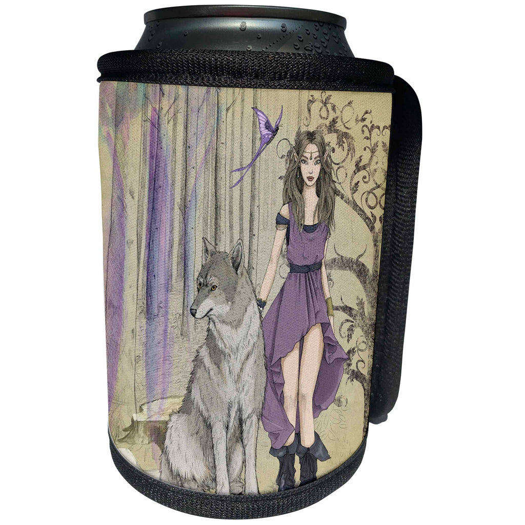 3dRose Fairies And Fantasy - Image of Fantasy Girl Elf With Wolf At Her Side - Can Cooler Bottle Wrap (cc_281581)
