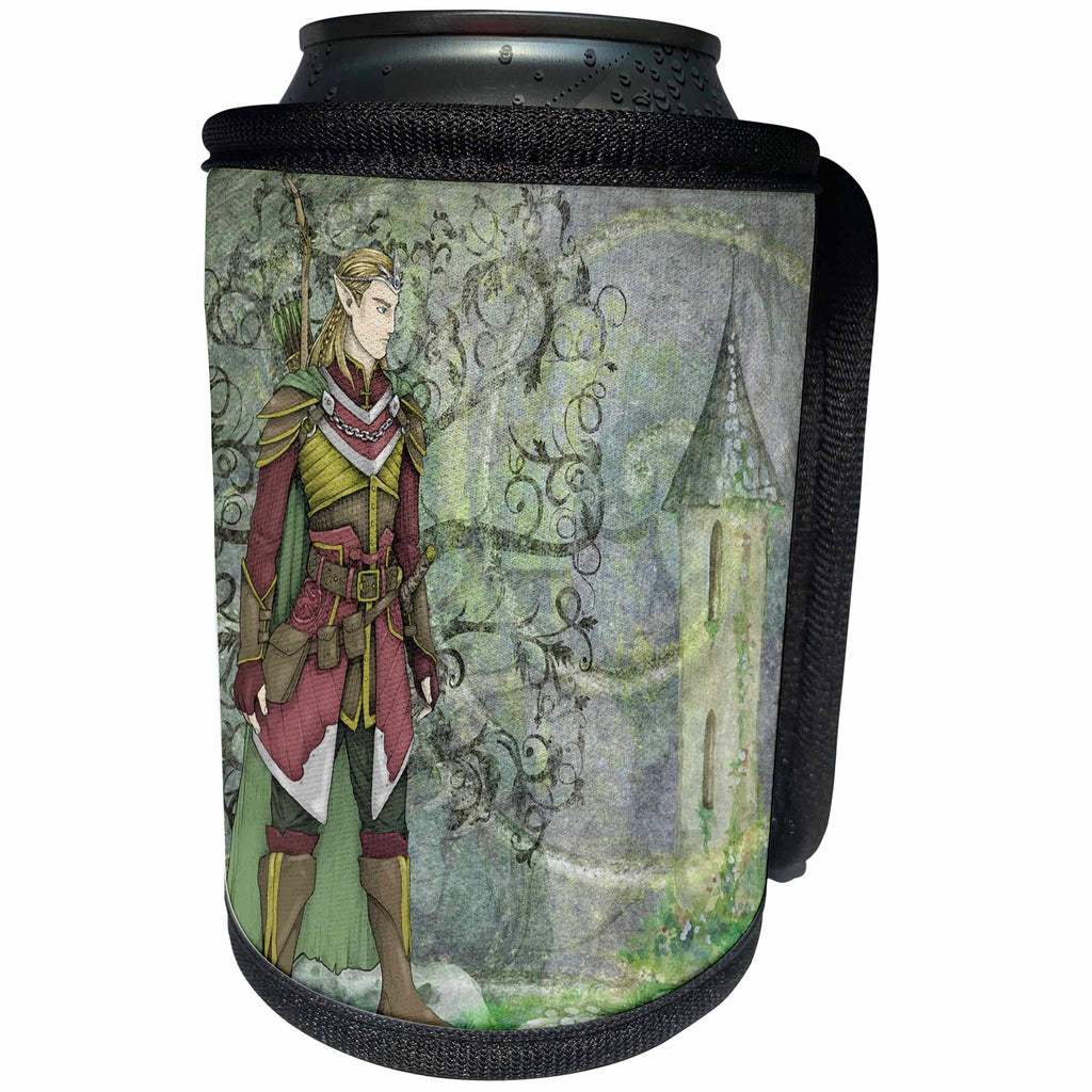 3dRose Fairies And Fantasy - Image of Male Warrior Elf Stands Near His Castle - Can Cooler Bottle Wrap (cc_281582)