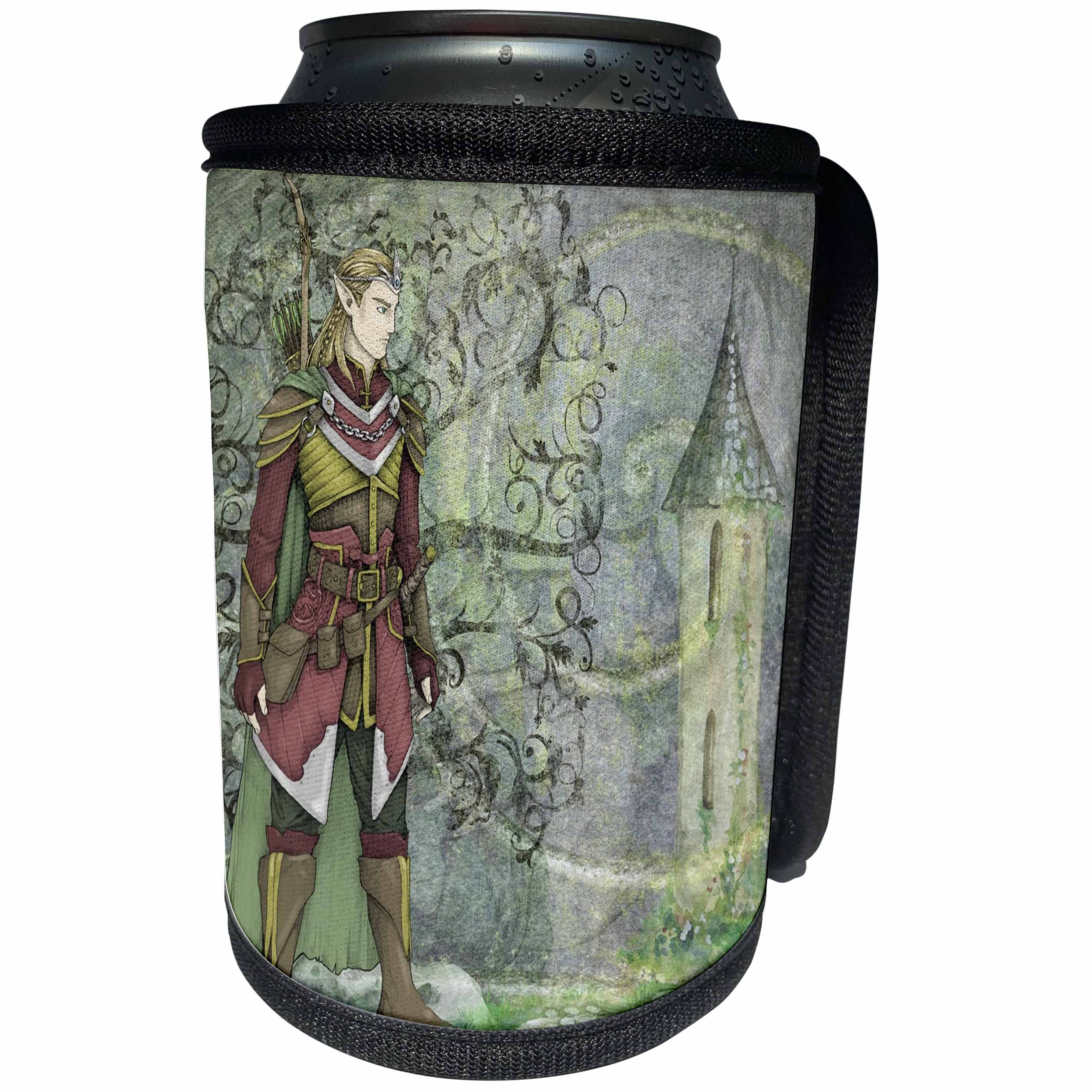 3dRose Fairies And Fantasy - Image of Male Warrior Elf Stands Near His Castle - Can Cooler Bottle Wrap (cc_281582)