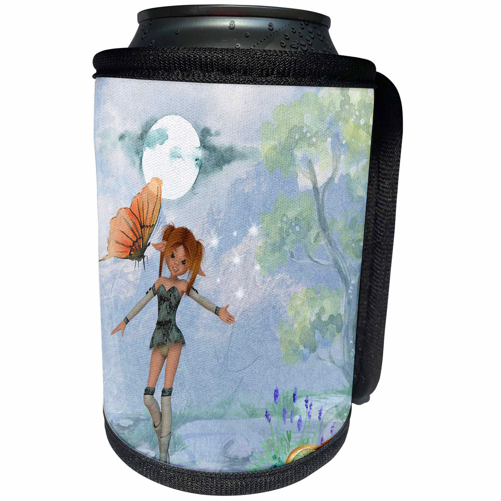 3dRose Fairies And Fantasy - Image of Fantasy Girl In Watercolor Woods With Full Moon - Can Cooler Bottle Wrap (cc_281583)