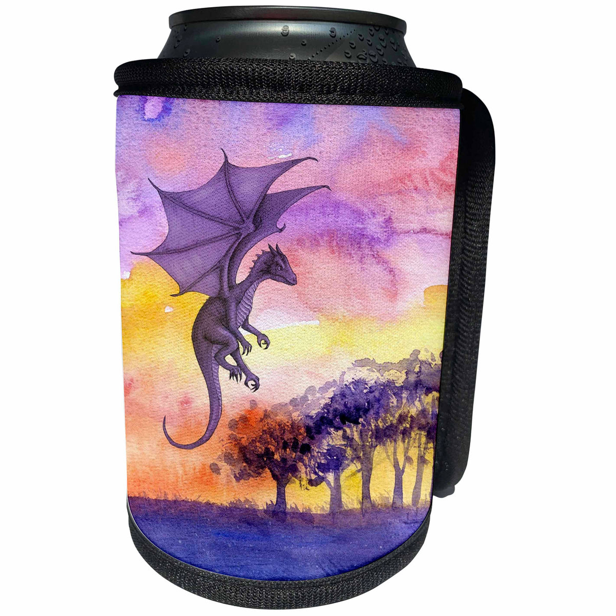 3dRose Fairies And Fantasy - Image of Gorgeous Watercolor of Purple Dragon and Sunset - Can Cooler Bottle Wrap (cc_281586)