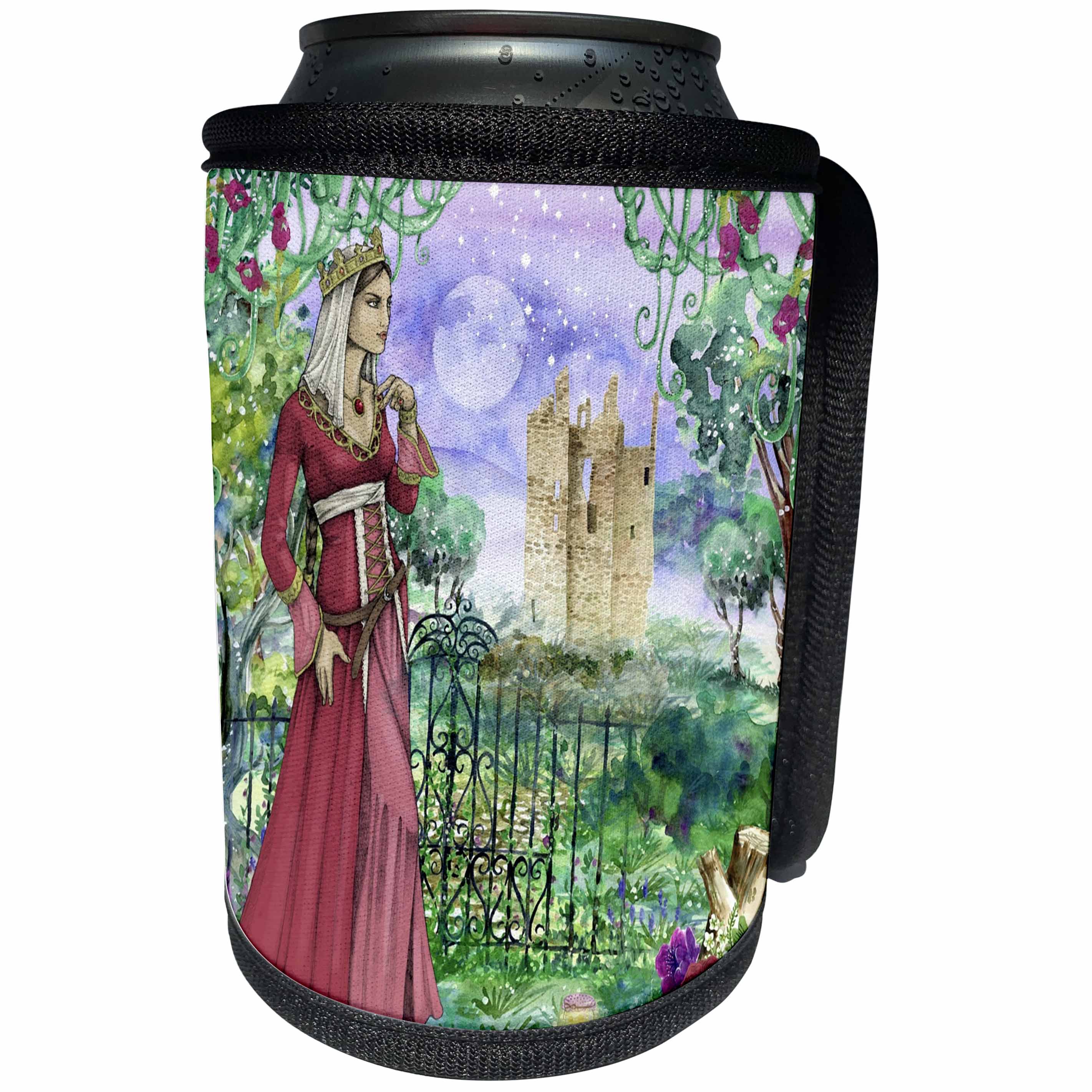3dRose Fairies And Fantasy - Image of Princess Standing In Garden Near Castle - Can Cooler Bottle Wrap (cc_281587)