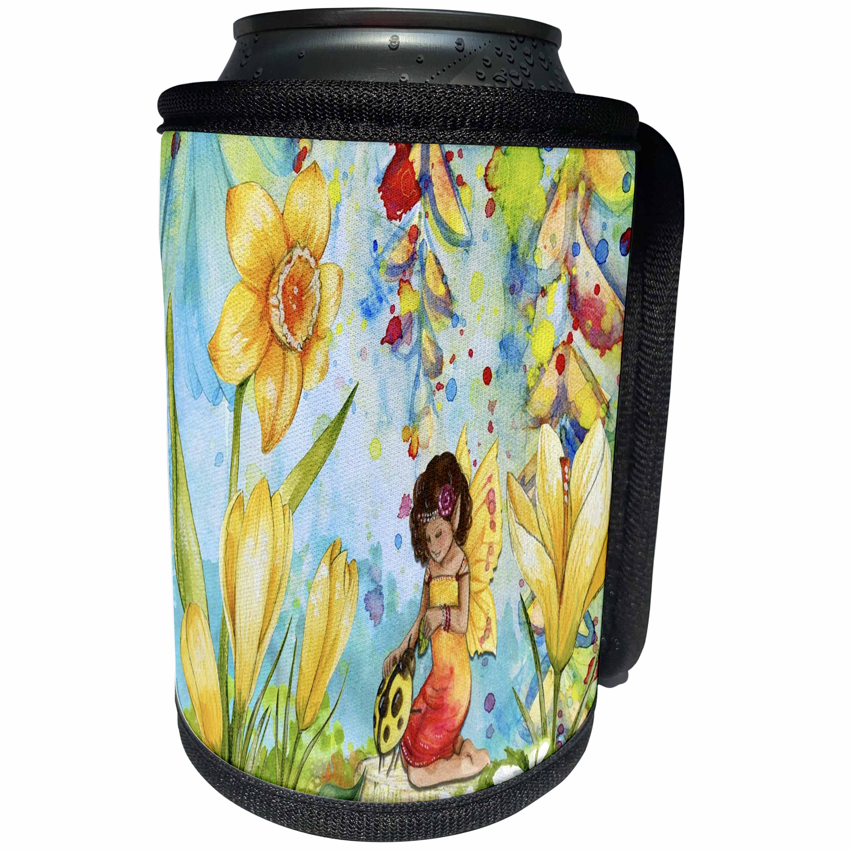 3dRose Fairies And Fantasy - Image of Beautiful Painting of Fairy With Ladybug and Flowers - Can Cooler Bottle Wrap (cc_281592)