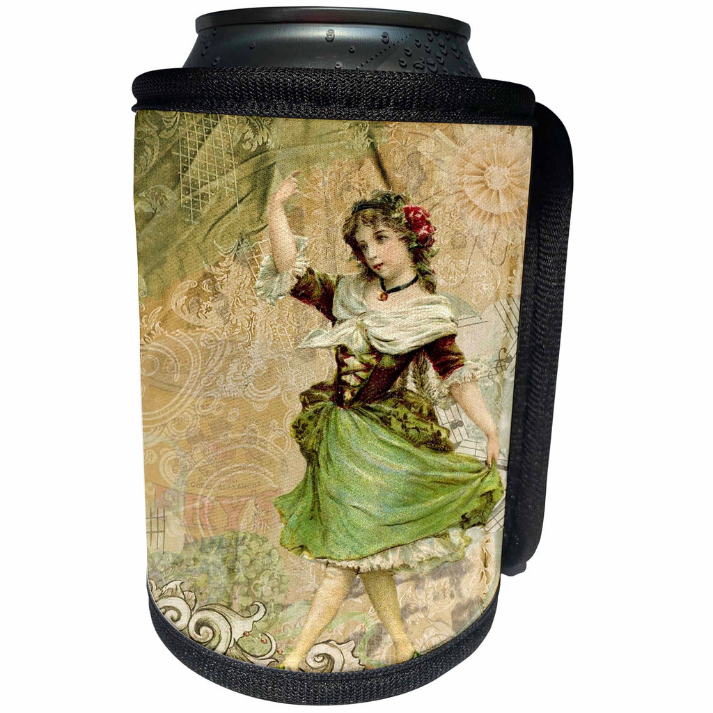 3dRose Fairies And Fantasy - Image of Vintage Style Irish Fairy With Scrolly Background - Can Cooler Bottle Wrap (cc_281593)