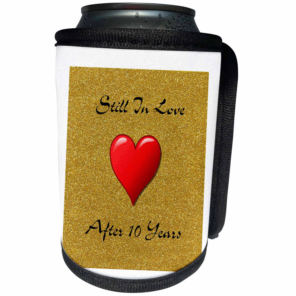 3dRose Special Events - Image of Still in Love After 10 Years On Gold Glitter and Heart - Can Cooler Bottle Wrap (cc_281595)