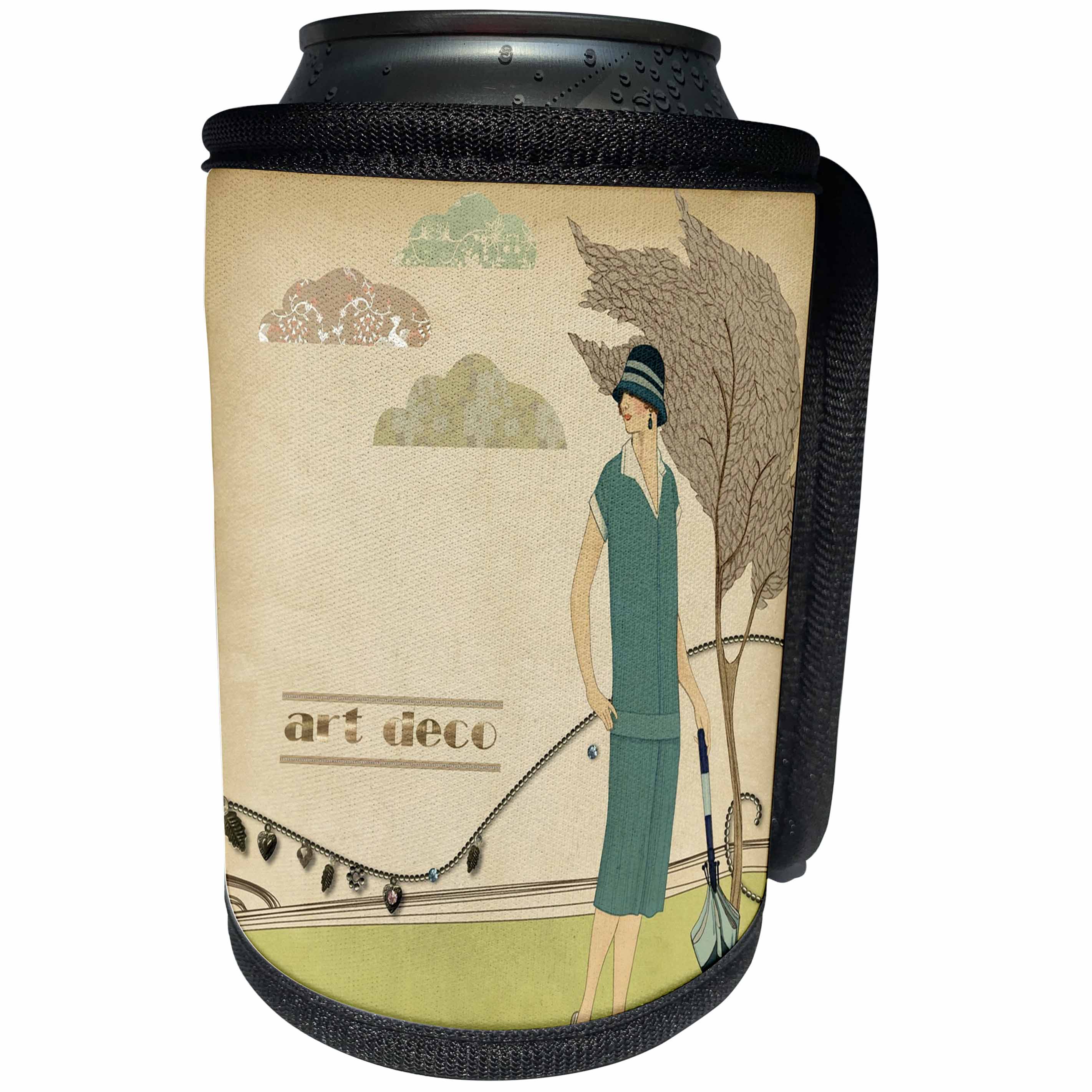 3dRose Art Deco - Image of Lady In Teal Dress With Gold Words Art Deco - Can Cooler Bottle Wrap (cc_281612)