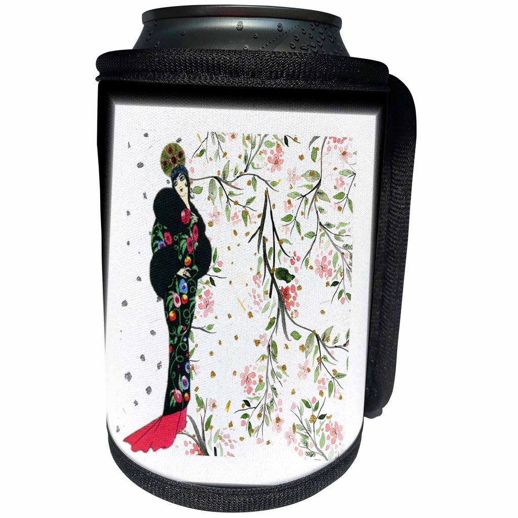3dRose Art Deco - Image of Asian Lady In Dress With Scrolly Leaves - Can Cooler Bottle Wrap (cc_281613)