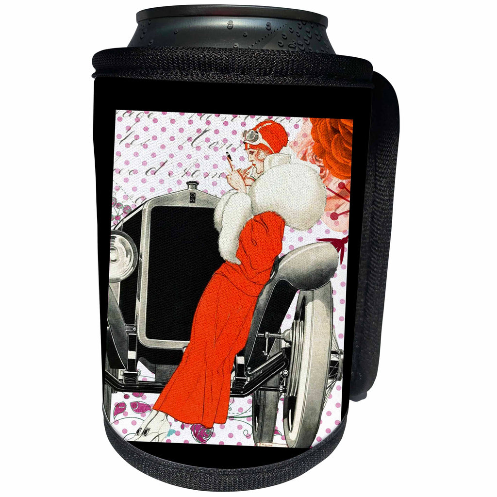 3dRose Art Deco - Image of Lady in Red Leaning On Antique Car - Can Cooler Bottle Wrap (cc_281615)