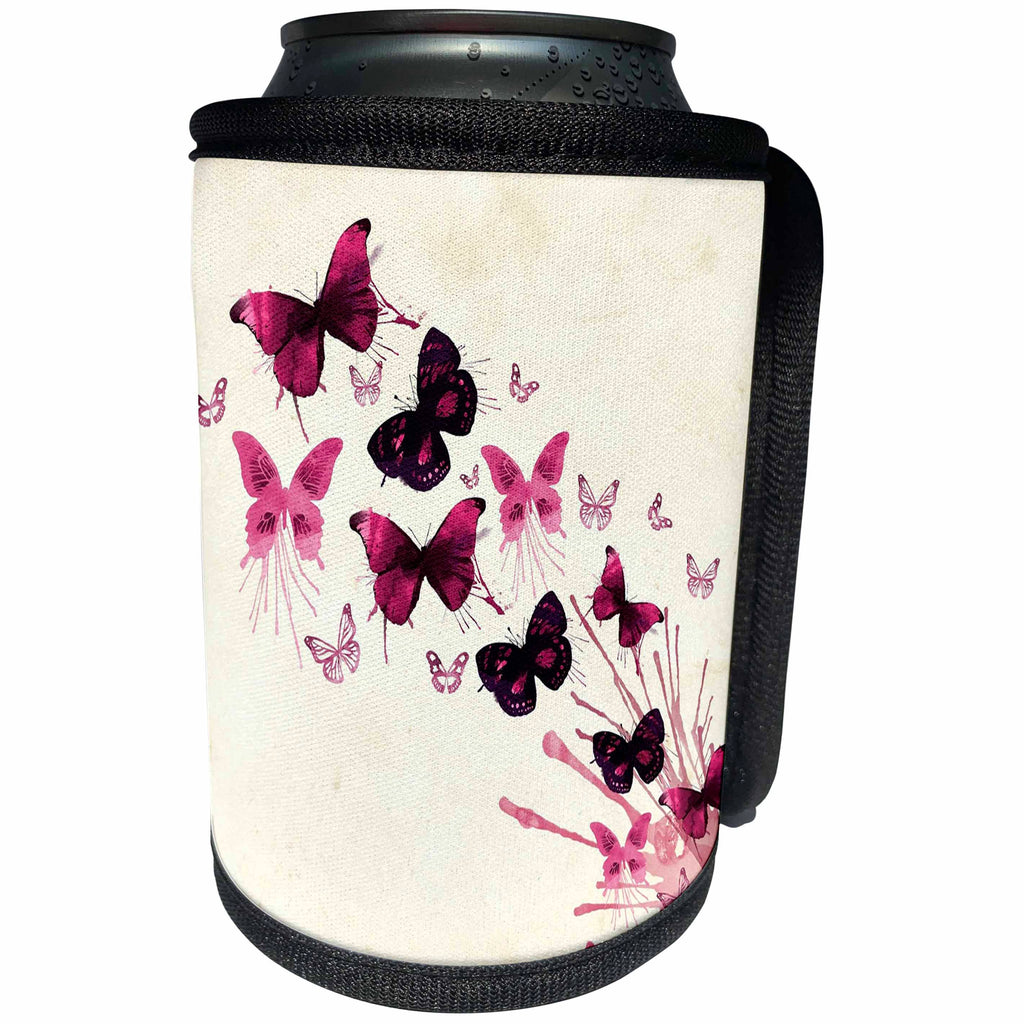 3dRose Butterfly Art - Image of Watercolor Burst of Pink and Burgundy Butterflies - Can Cooler Bottle Wrap (cc_281619)