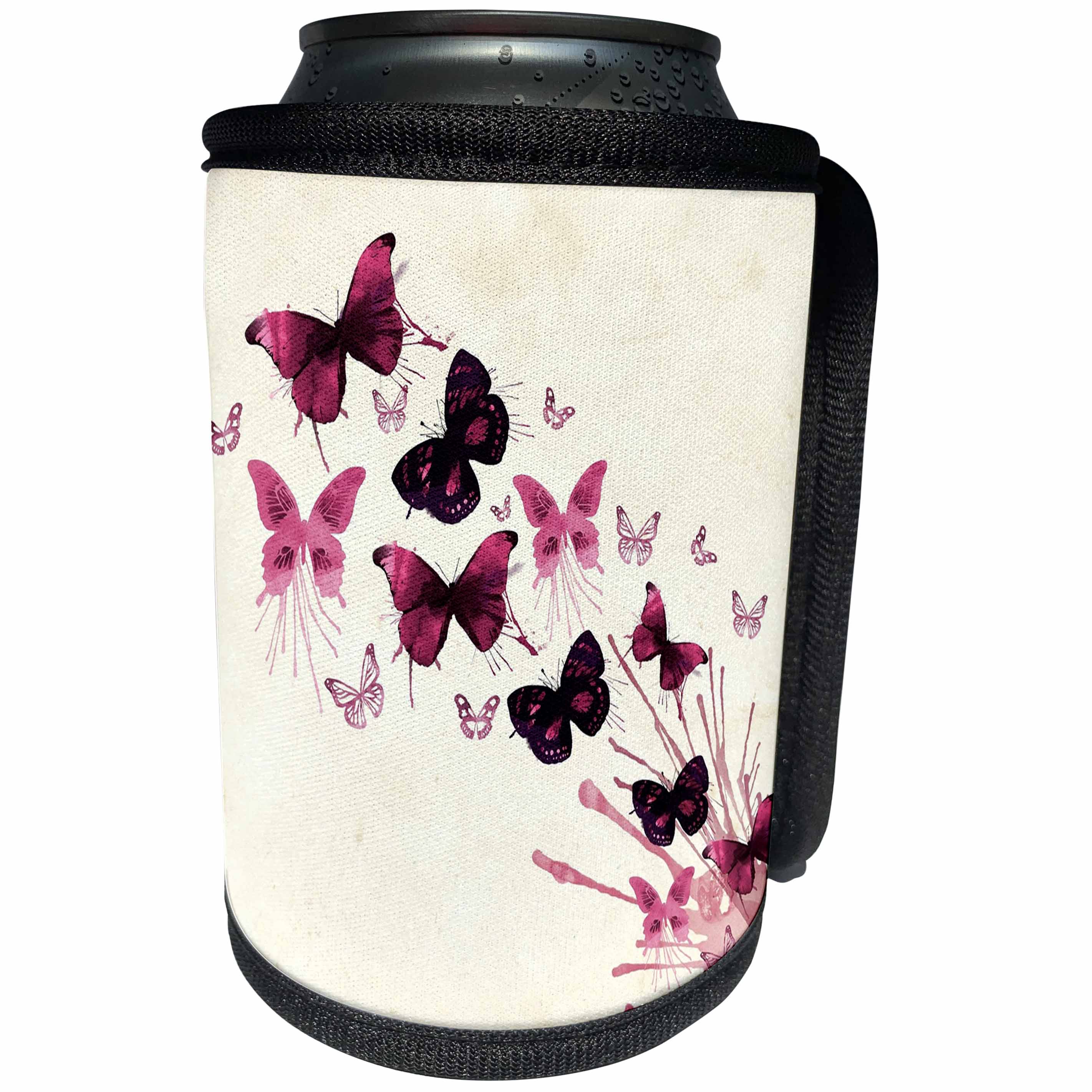 3dRose Butterfly Art - Image of Watercolor Burst of Pink and Burgundy Butterflies - Can Cooler Bottle Wrap (cc_281619)
