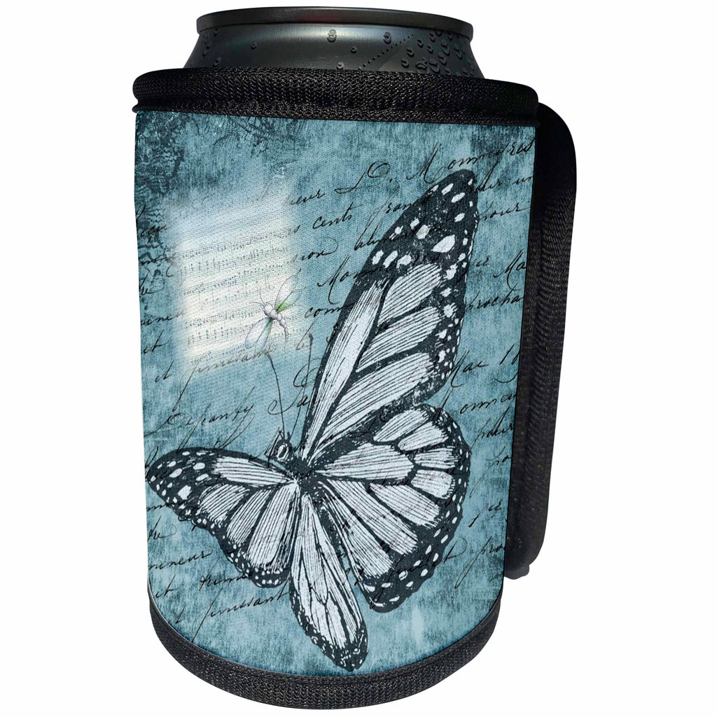 3dRose Butterfly Art - Image of Antique Blue butterfly With Music Sheet - Can Cooler Bottle Wrap (cc_281621)