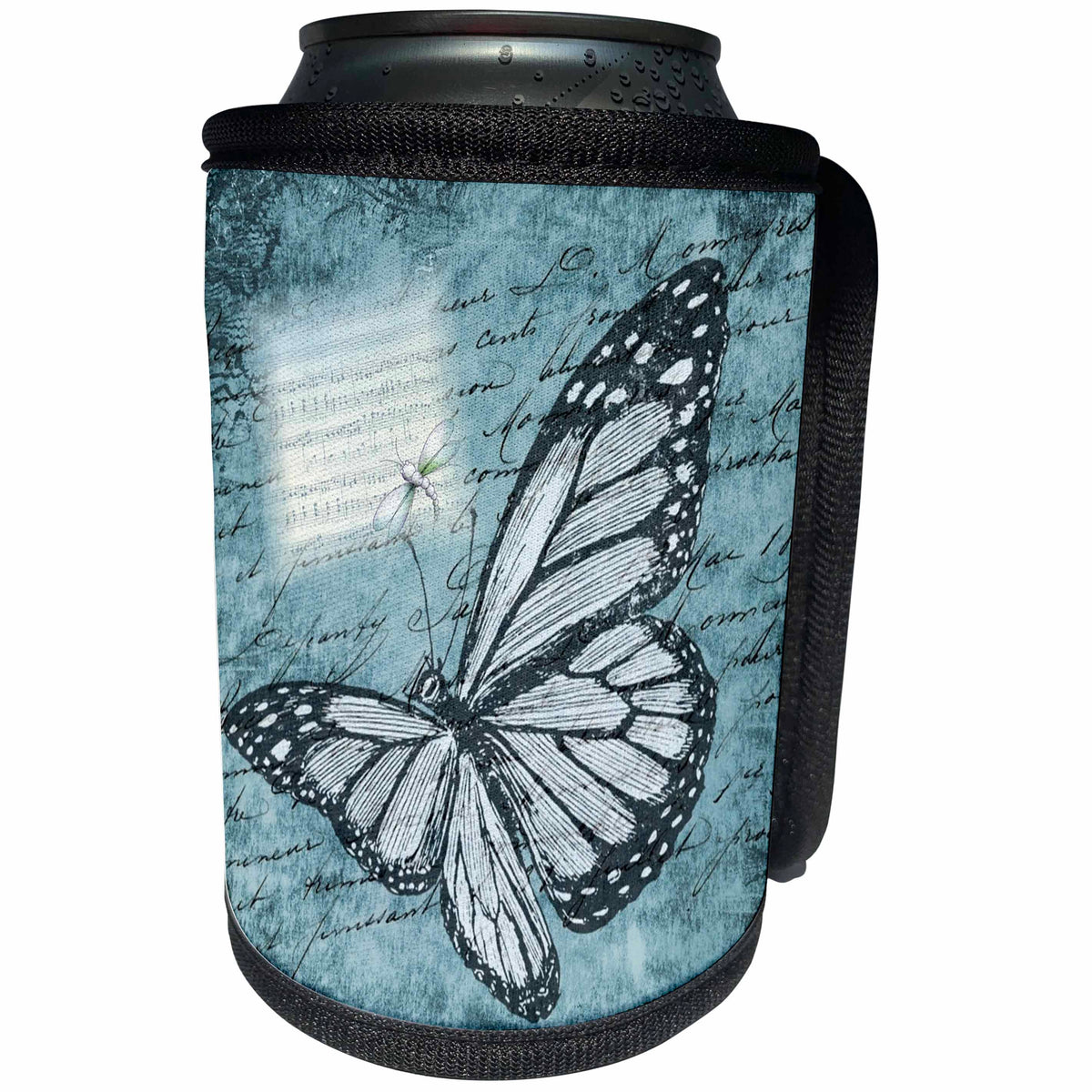 3dRose Butterfly Art - Image of Antique Blue butterfly With Music Sheet - Can Cooler Bottle Wrap (cc_281621)