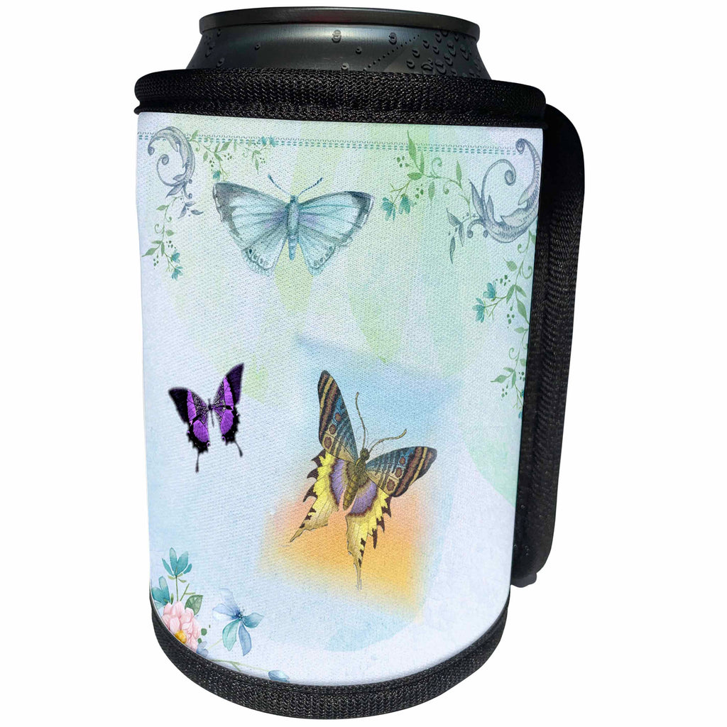 3dRose Butterfly Art - Image of Flower Scrolls and Three Butterflies Watercolor - Can Cooler Bottle Wrap (cc_281624)
