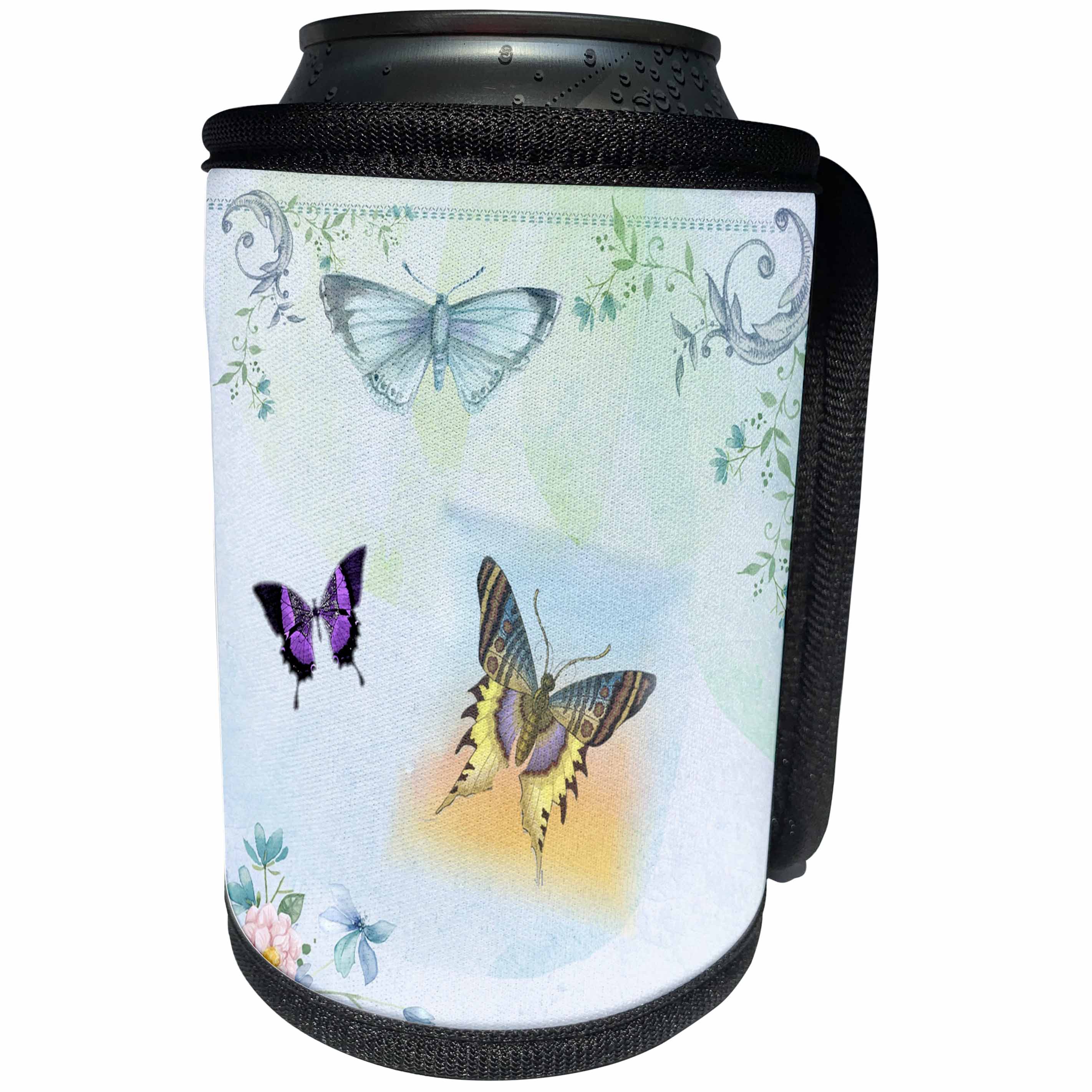 3dRose Butterfly Art - Image of Flower Scrolls and Three Butterflies Watercolor - Can Cooler Bottle Wrap (cc_281624)
