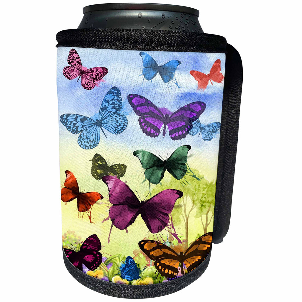 3dRose Butterfly Art - Image of One Dozen different Color Butterflies In Flight - Can Cooler Bottle Wrap (cc_281625)