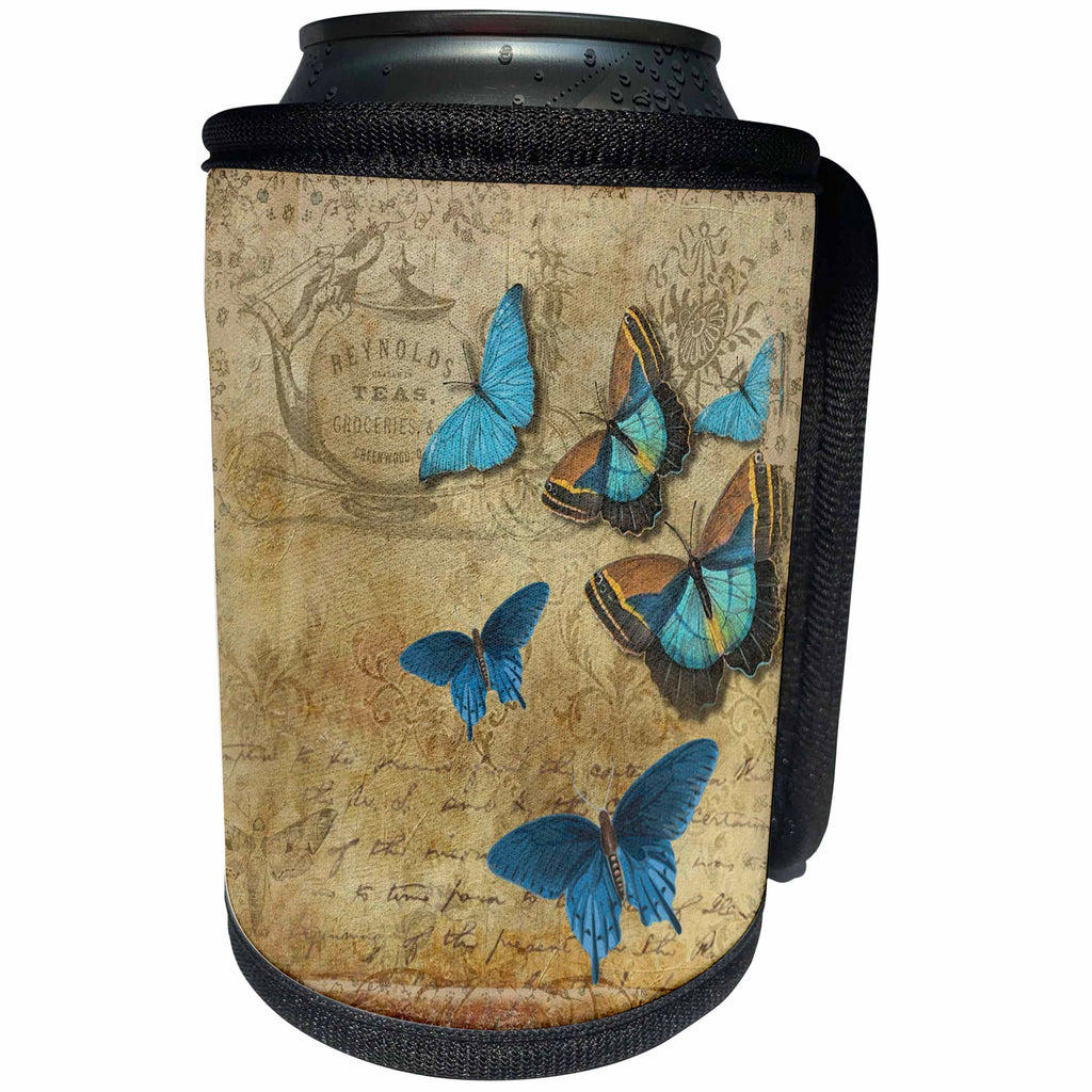 3dRose Butterfly Art - Image of Six Blue Butterflies On Antique Paper - Can Cooler Bottle Wrap (cc_281630)