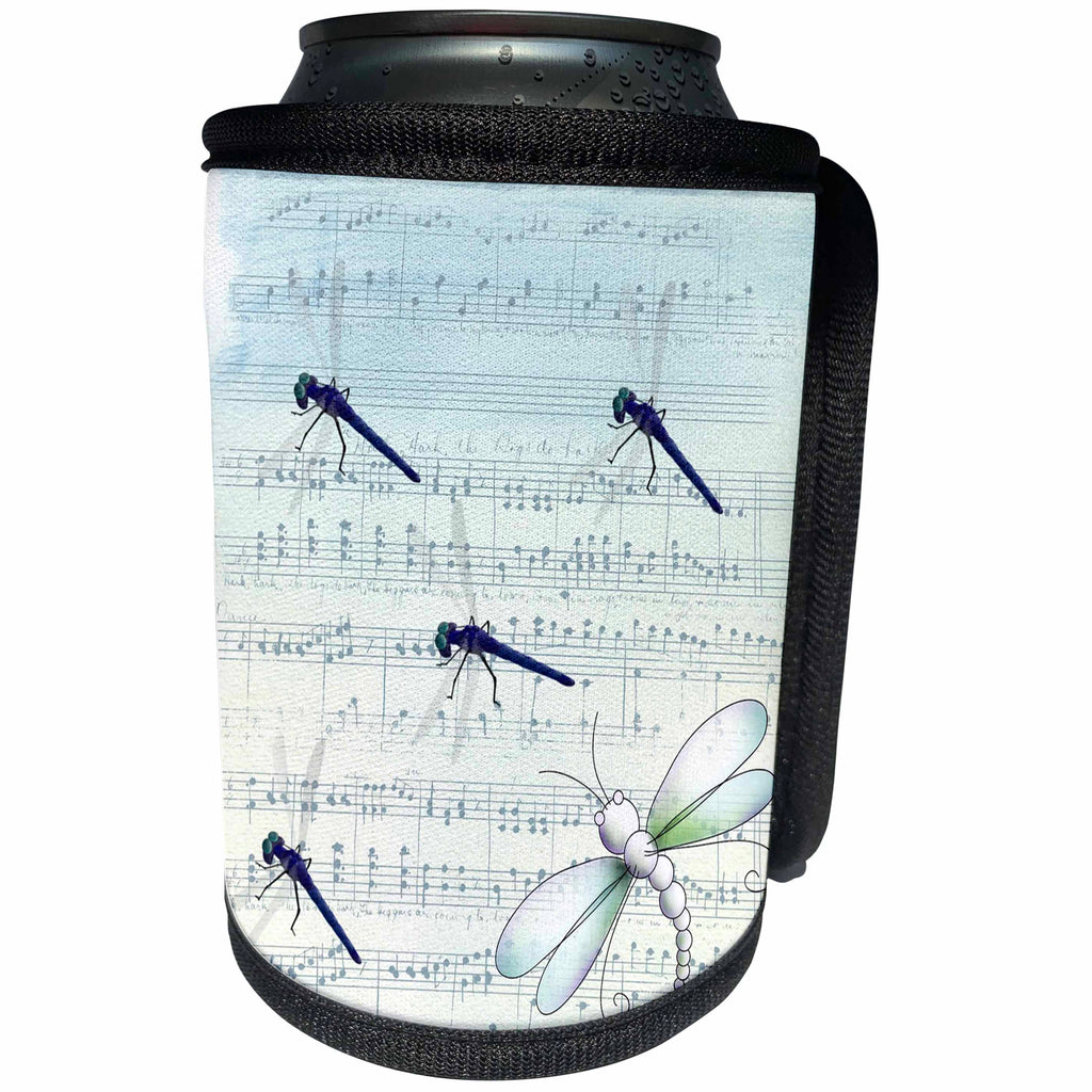 3dRose Butterfly Art - Image of Five Dragonflies On Old Blue Style Music Sheet - Can Cooler Bottle Wrap (cc_281635)