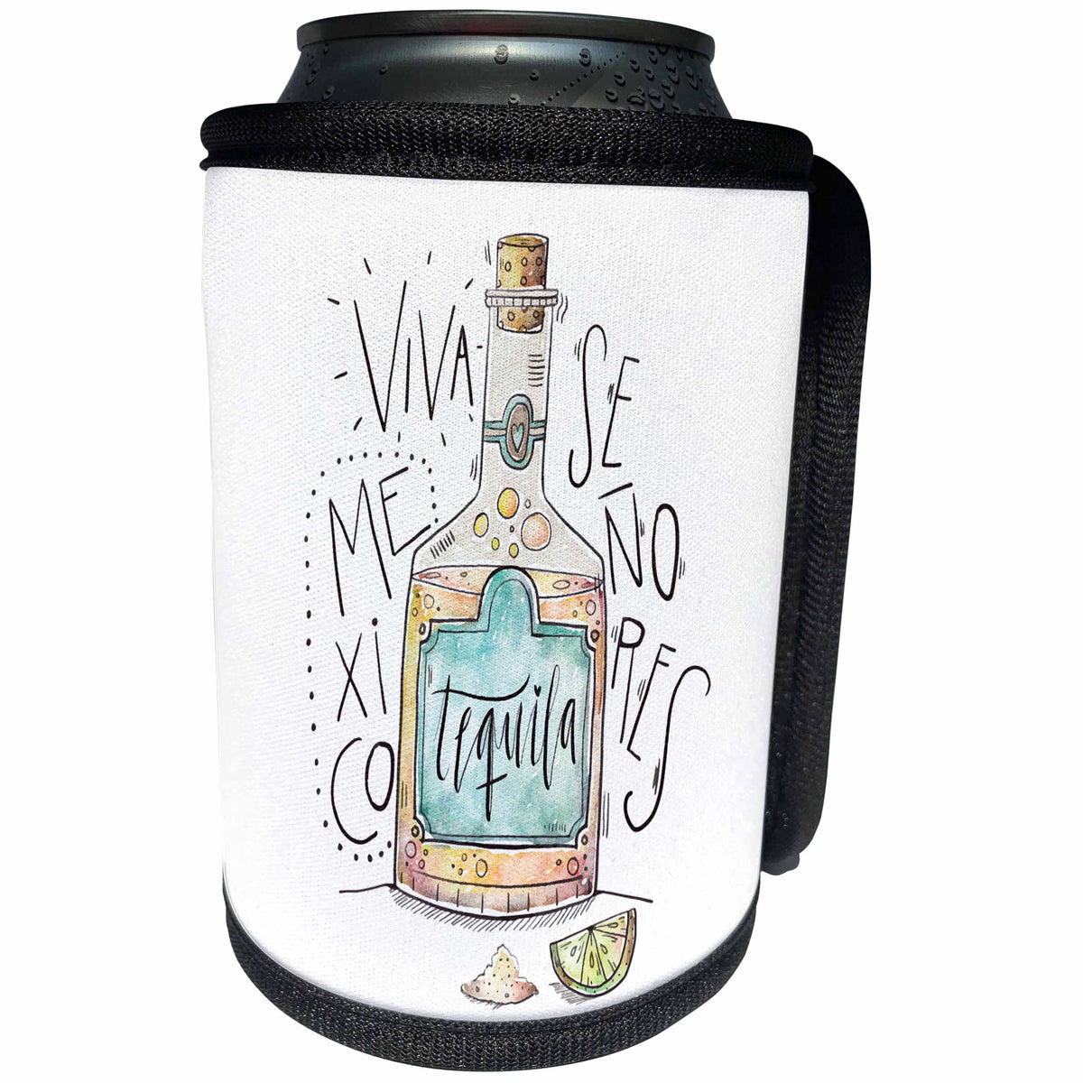 3dRose Sven Herkenrath Celebration - Viva Mexico Senores a Pretty Drawing of a Bottle of Tequila - Can Cooler Bottle Wrap (cc_281638)