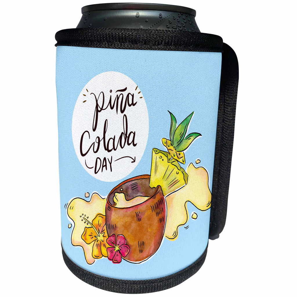 3dRose Sven Herkenrath Celebration - Pina Colada Day Pretty Drawing of a Cocktail in a Coconut Shell - Can Cooler Bottle Wrap (cc_281665)