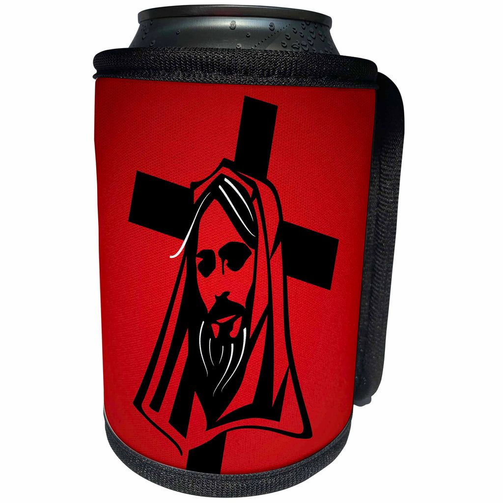 3dRose Sven Herkenrath Religion - Jesus Vector Graphic Black on Red Background - Can Cooler Bottle Wrap (cc_281667)