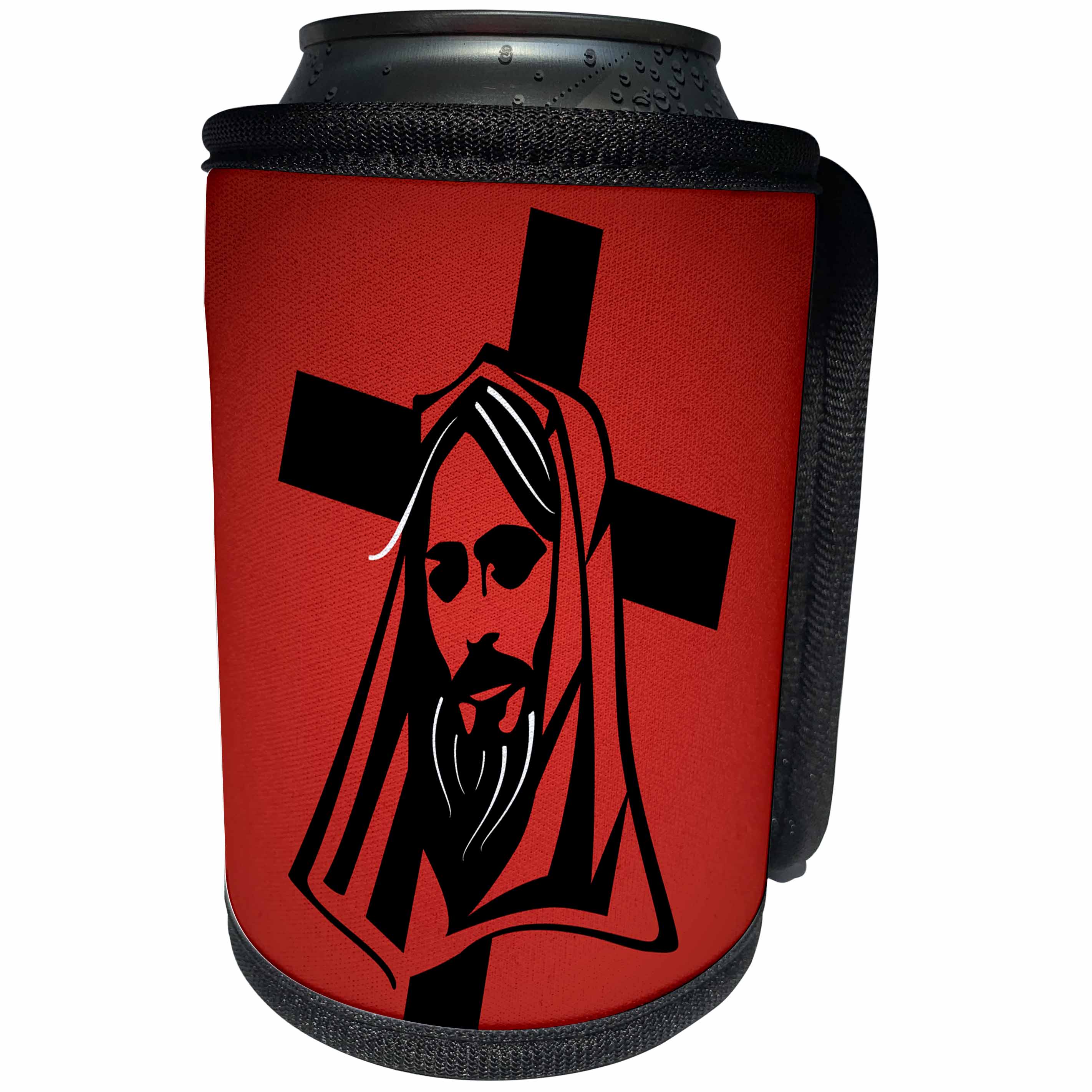 3dRose Sven Herkenrath Religion - Jesus Vector Graphic Black on Red Background - Can Cooler Bottle Wrap (cc_281667)