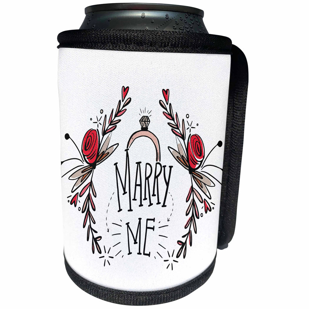 3dRose Sven Herkenrath Celebration - Marry Me Engagement Ring Surrounded by Flowers - Can Cooler Bottle Wrap (cc_281669)