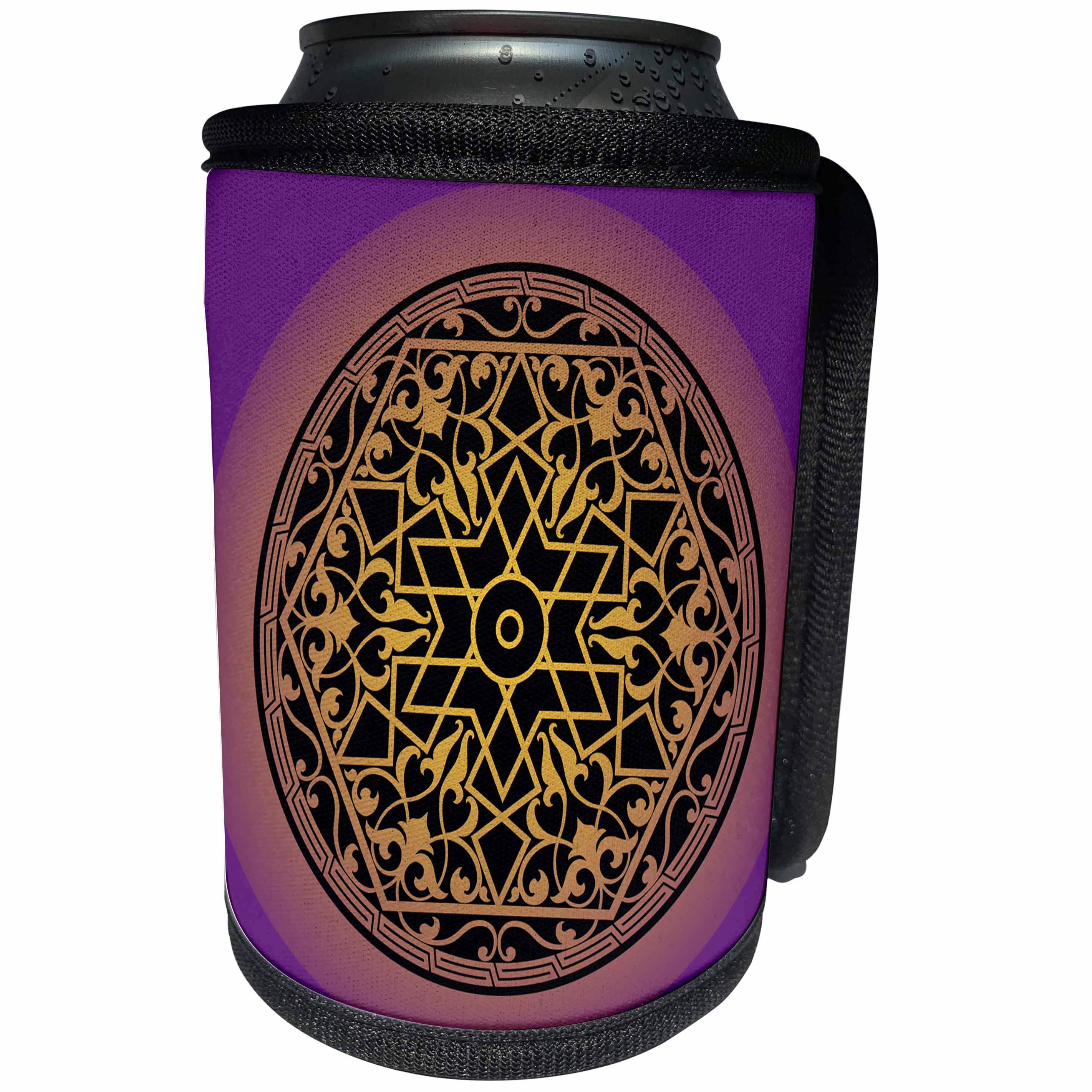 3dRose Sven Herkenrath Art - Intricate Islamic Ornament Vector Black on Purple Background - Can Cooler Bottle Wrap (cc_281671)