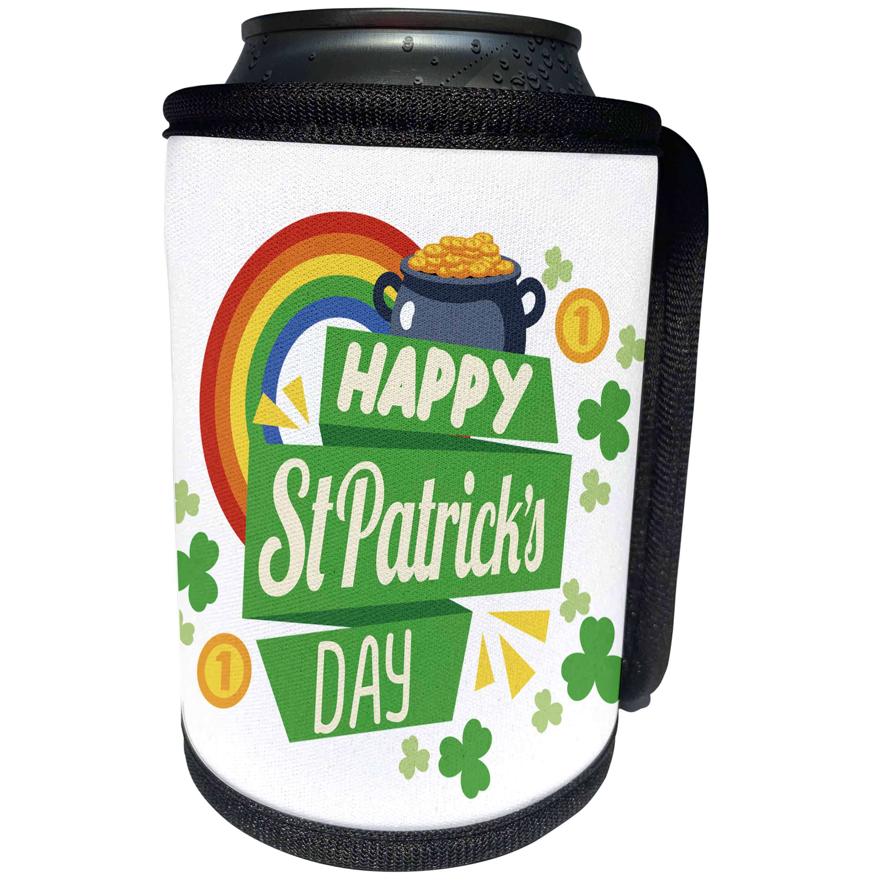 3dRose Sven Herkenrath Celebration - Happy St Patricks Day Cloverleaf Gold and a Rainbow - Can Cooler Bottle Wrap (cc_281674)
