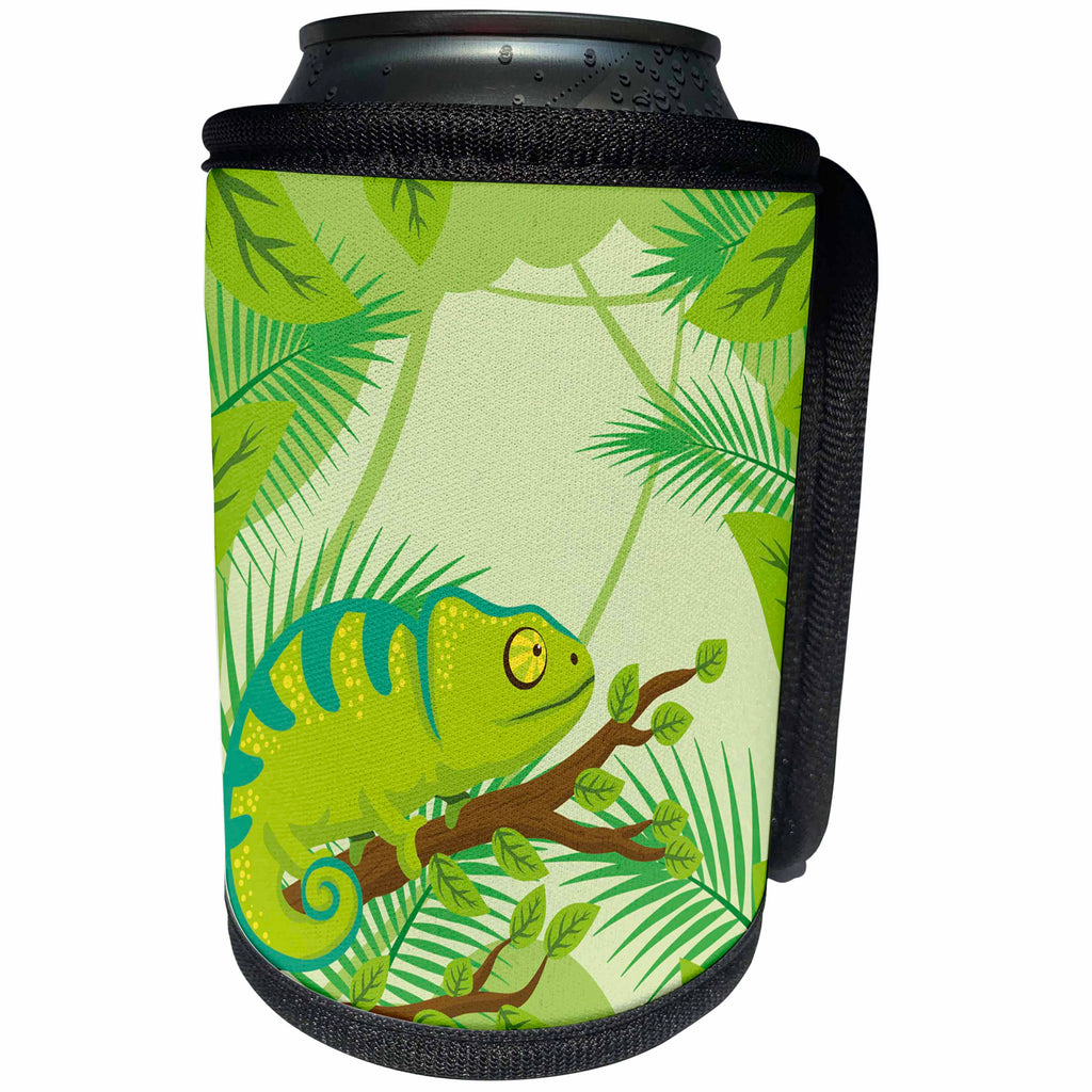 3dRose Sven Herkenrath Animal - Illustration of a Cute and Green Chameleon Sitting a Tree - Can Cooler Bottle Wrap (cc_281675)
