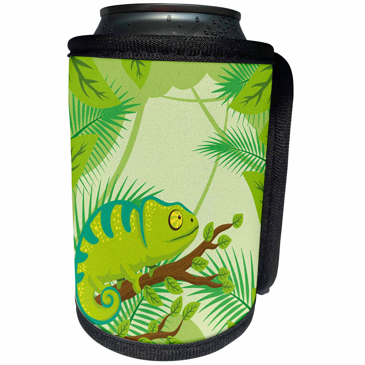 3dRose Sven Herkenrath Animal - Illustration of a Cute and Green Chameleon Sitting a Tree - Can Cooler Bottle Wrap (cc_281675)