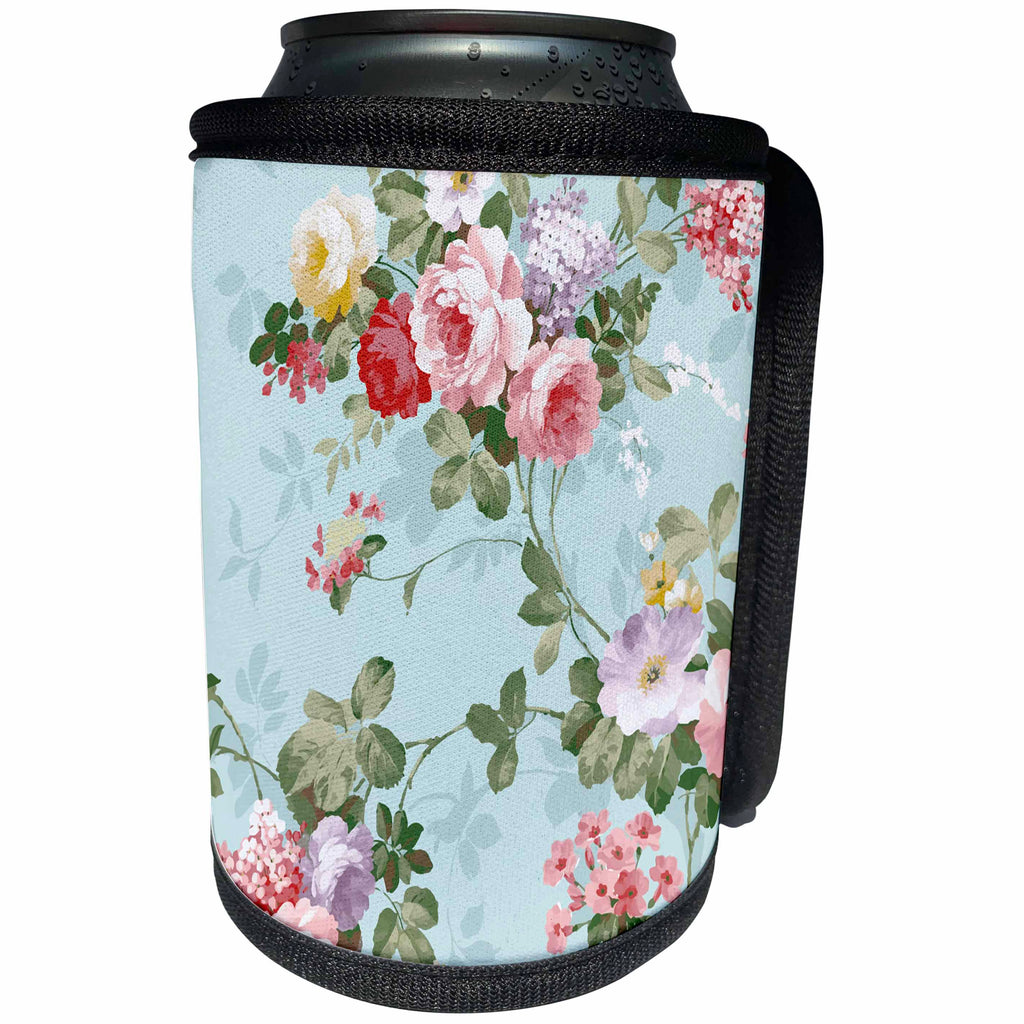 3dRose Sven Herkenrath Vintage - Trendy Vintage Flower Pattern on Lovely Blue Background - Can Cooler Bottle Wrap (cc_281685)