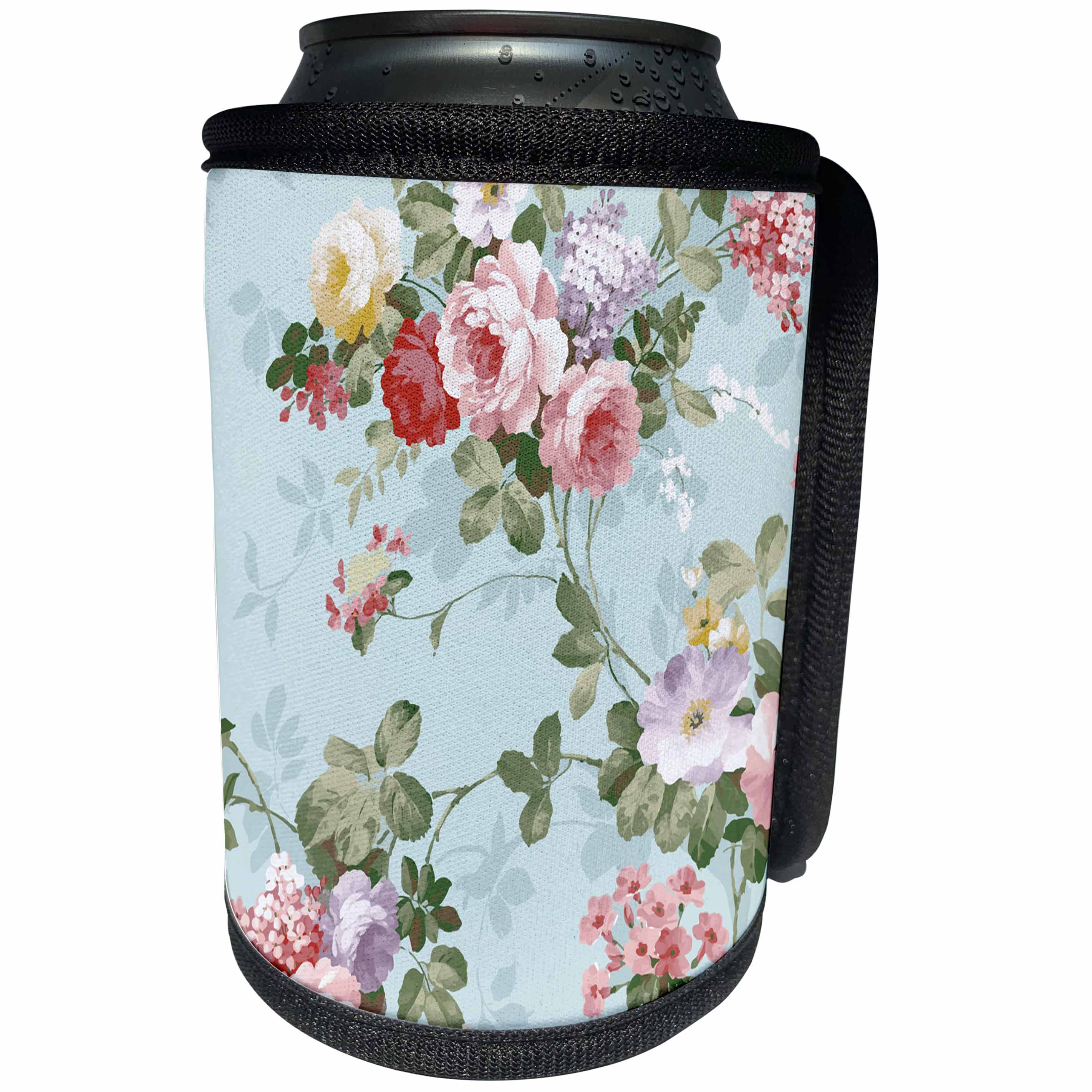 3dRose Sven Herkenrath Vintage - Trendy Vintage Flower Pattern on Lovely Blue Background - Can Cooler Bottle Wrap (cc_281685)