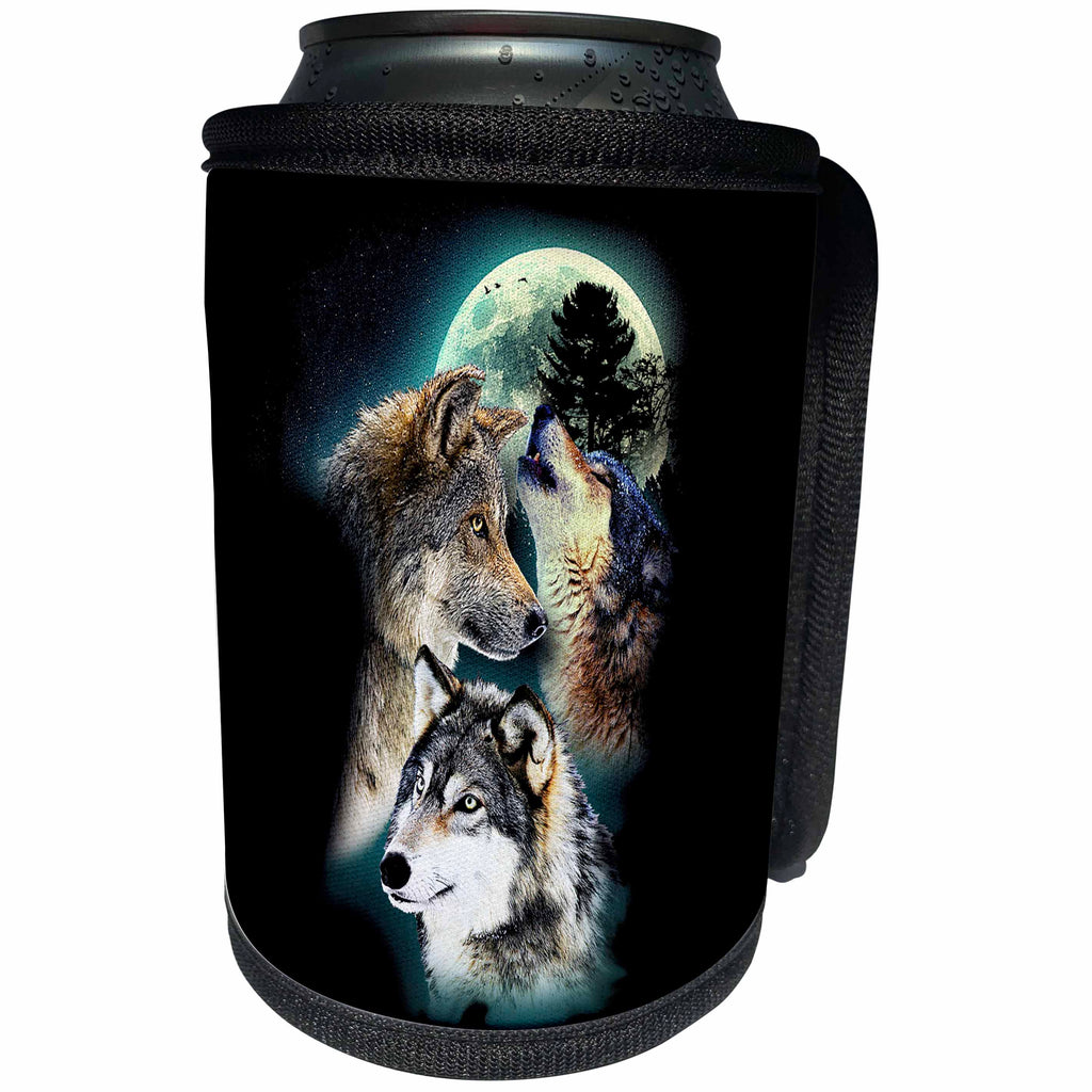 3dRose Can Cooler Bottle Wrap - Sven Herkenrath Animal - Three Beautiful Wolfs in front of the Moon on Black Background