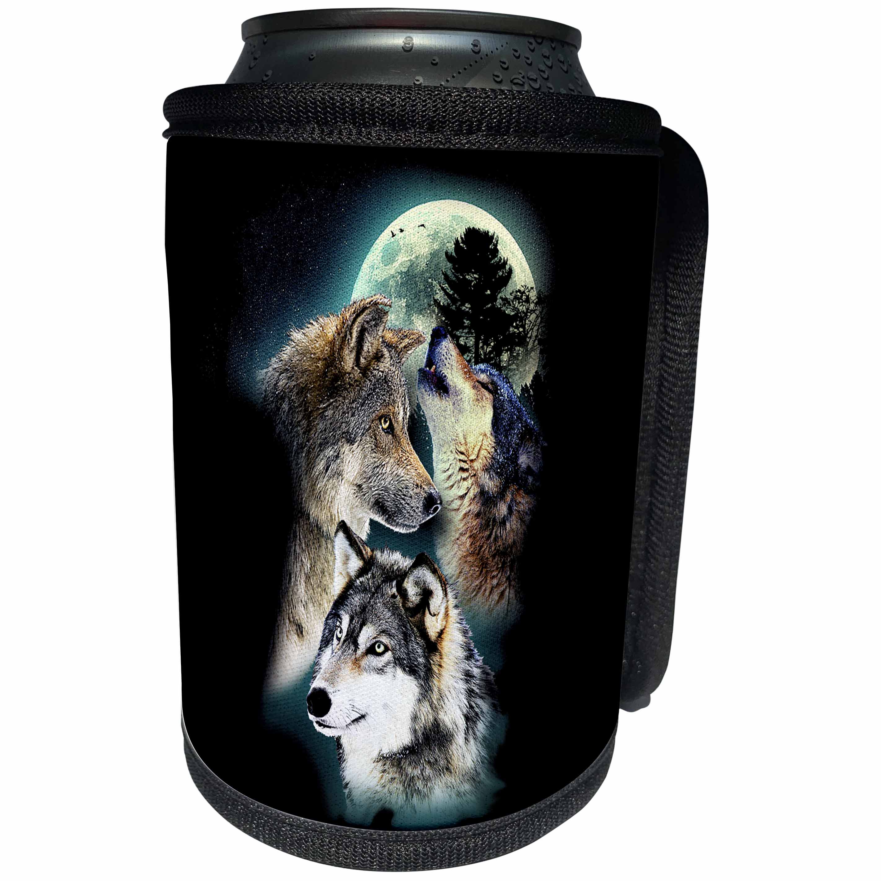 3dRose Can Cooler Bottle Wrap - Sven Herkenrath Animal - Three Beautiful Wolfs in front of the Moon on Black Background