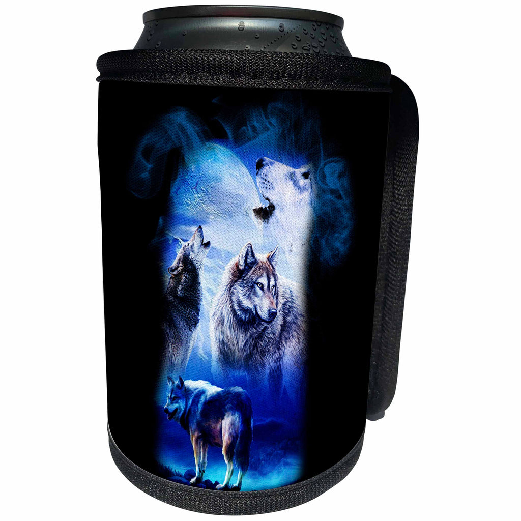 3dRose Sven Herkenrath Animal - Majestic Wolves Howling at the Moon Black Background - Can Cooler Bottle Wrap (cc_281699)