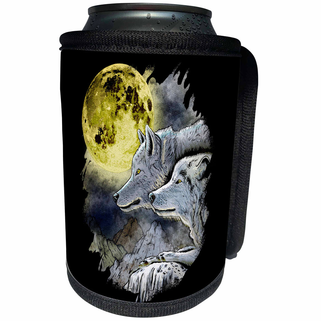 3dRose Sven Herkenrath Animal - Drawing of Beautiful Wolves and a Yellow Moon - Can Cooler Bottle Wrap (cc_281702)