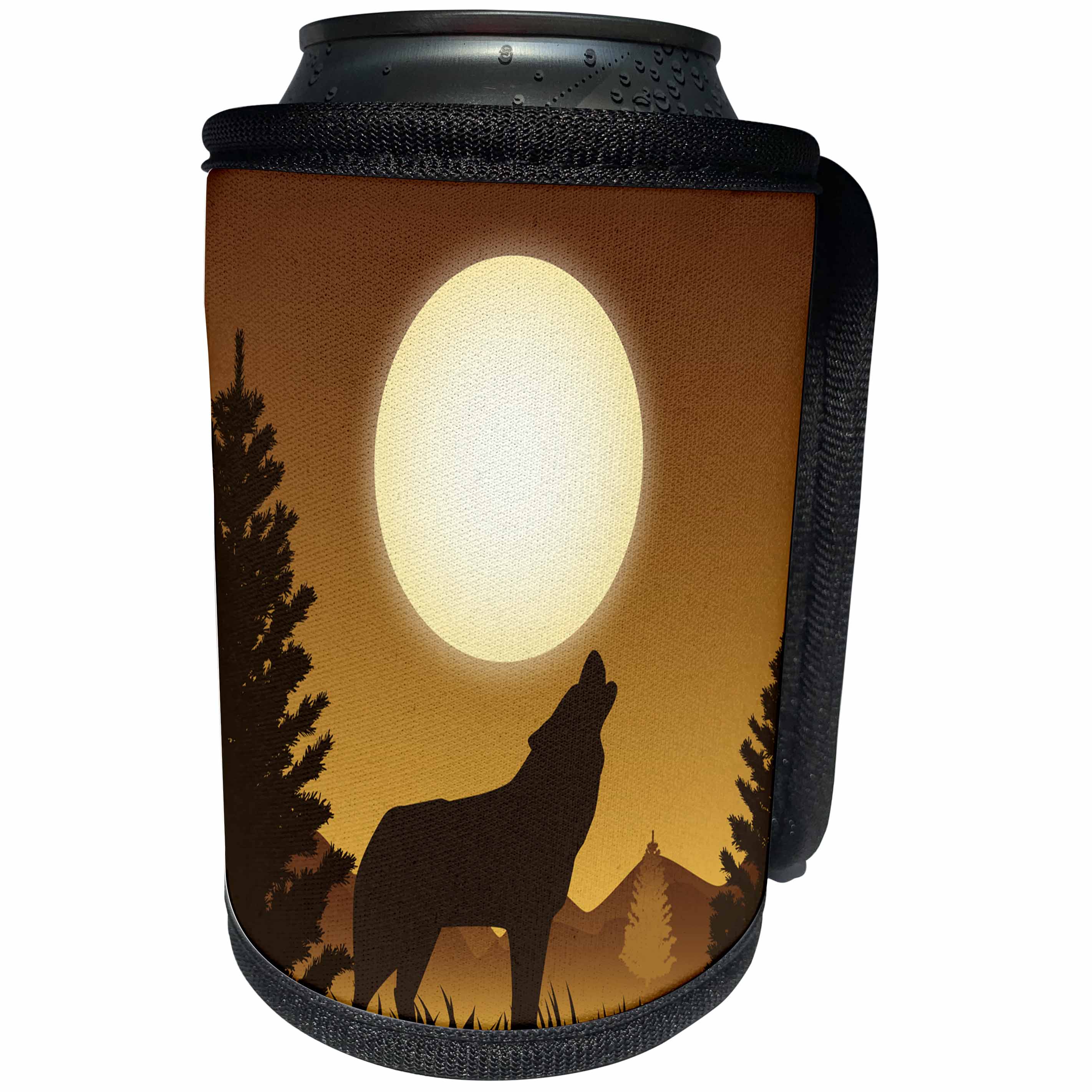 3dRose Sven Herkenrath Animal - Vector of a Wolf Howling a Yellow Moon - Can Cooler Bottle Wrap (cc_281710)