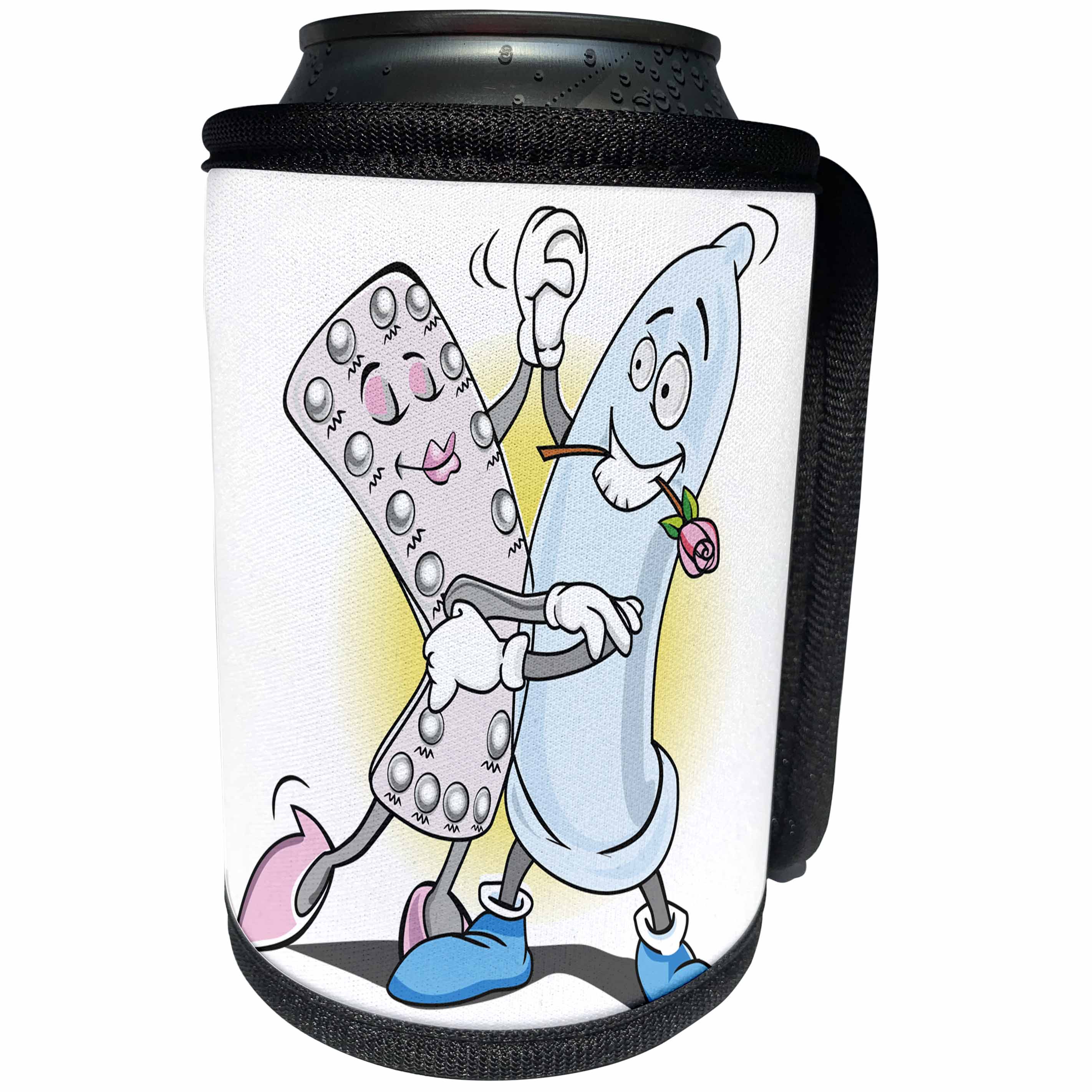3dRose Sven Herkenrath Funny - A Funny Drawing of a Condom and a Pack of Birth Control Pills Dancing - Can Cooler Bottle Wrap (cc_281717)