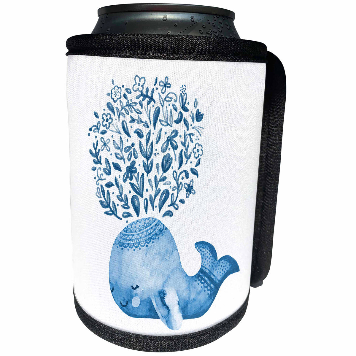 3dRose Noonday Design - Animals - Beautiful blue watercolor whale with flowers coming out of spout - Can Cooler Bottle Wrap (cc_281732)