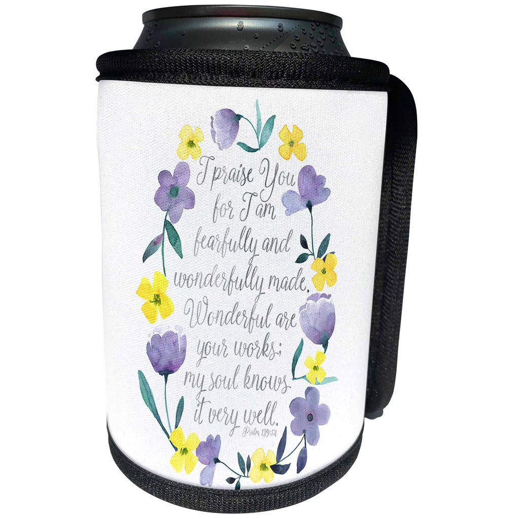 3dRose Noonday Design - Floral - Fearfully and wonderfully made scripture with watercolor flowers - Can Cooler Bottle Wrap (cc_281734)