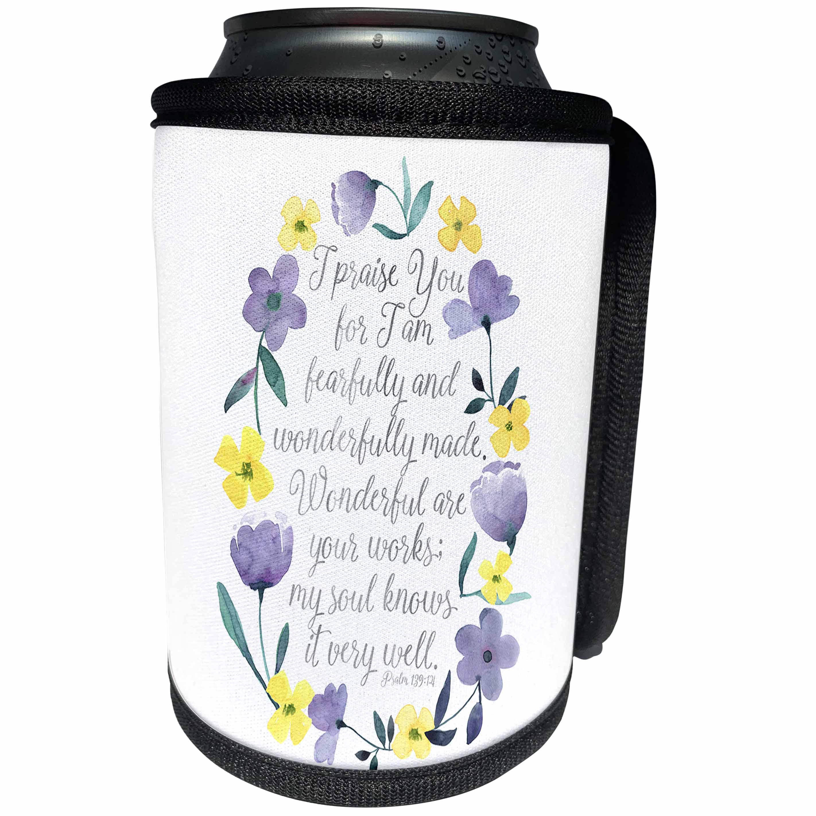 3dRose Noonday Design - Floral - Fearfully and wonderfully made scripture with watercolor flowers - Can Cooler Bottle Wrap (cc_281734)