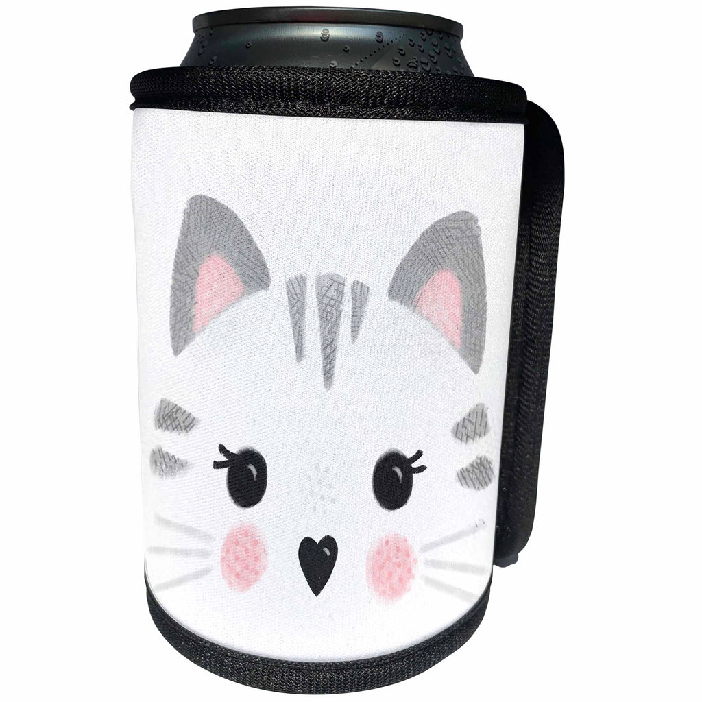 3dRose Noonday Design - Animals - Cute tabby cat face in gray and pink - Can Cooler Bottle Wrap (cc_281735)
